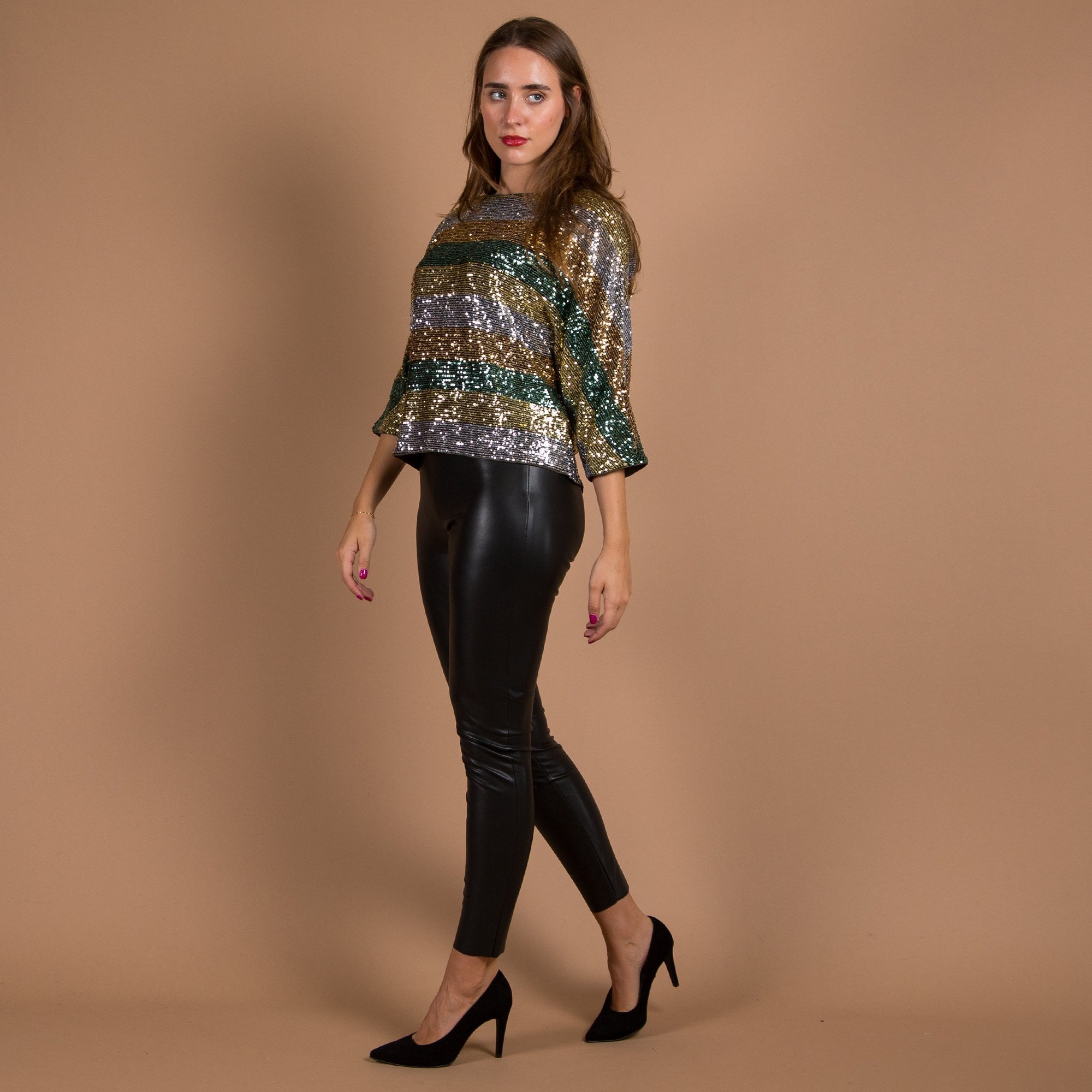 Luisa Cerano Kimono Style Striped Sequin Top Green/Gold