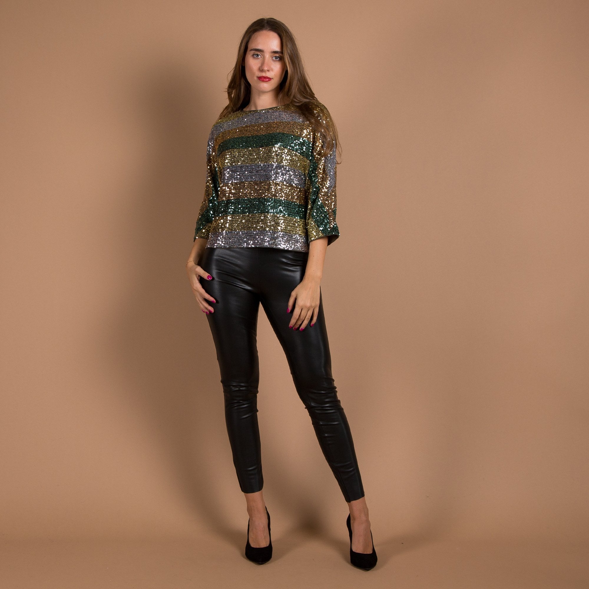 Luisa Cerano Kimono Style Striped Sequin Top Green/Gold
