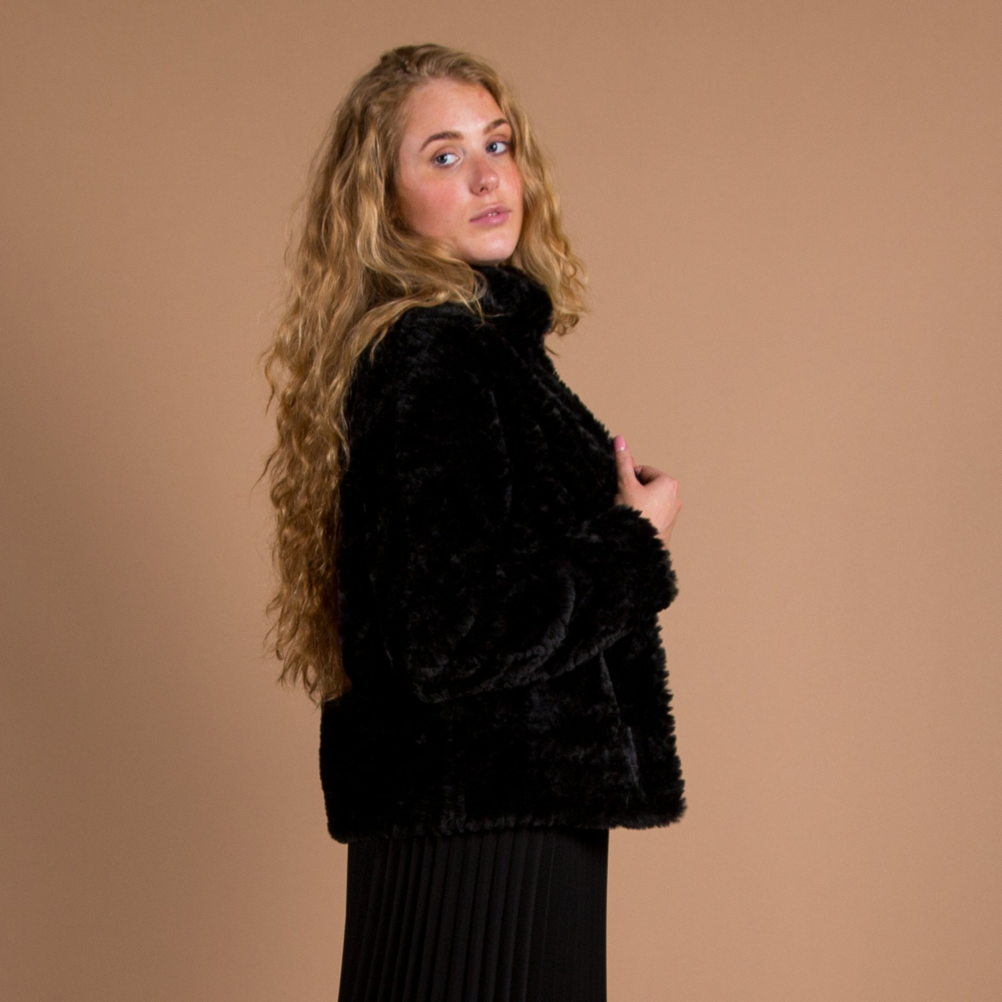 Rino & Pelle Davor Short Faux Fur High Collar Jacket Black