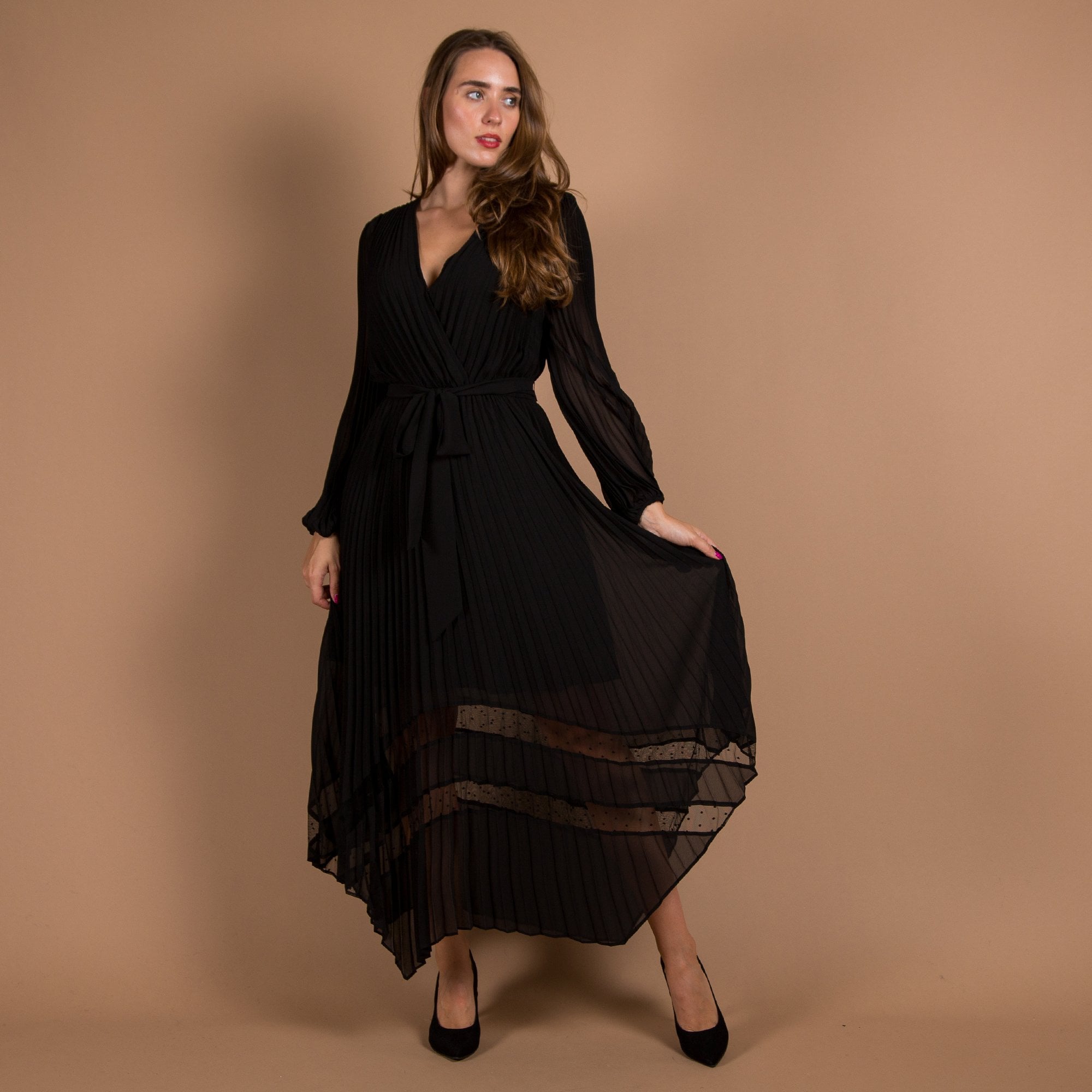 Joseph Ribkoff V Neck Pleat Belted Asymmetric Hem Dress Black