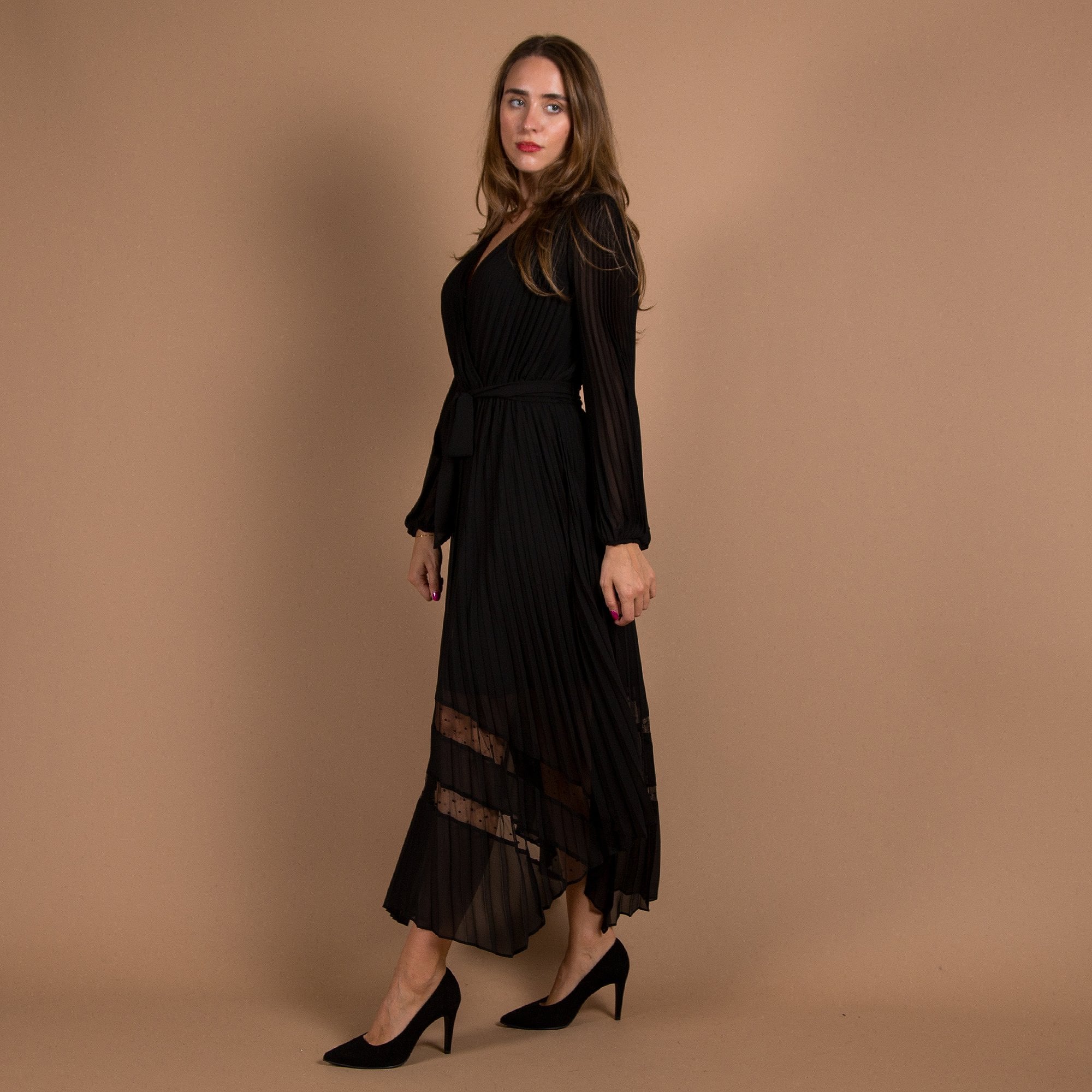 Joseph Ribkoff V Neck Pleat Belted Asymmetric Hem Dress Black