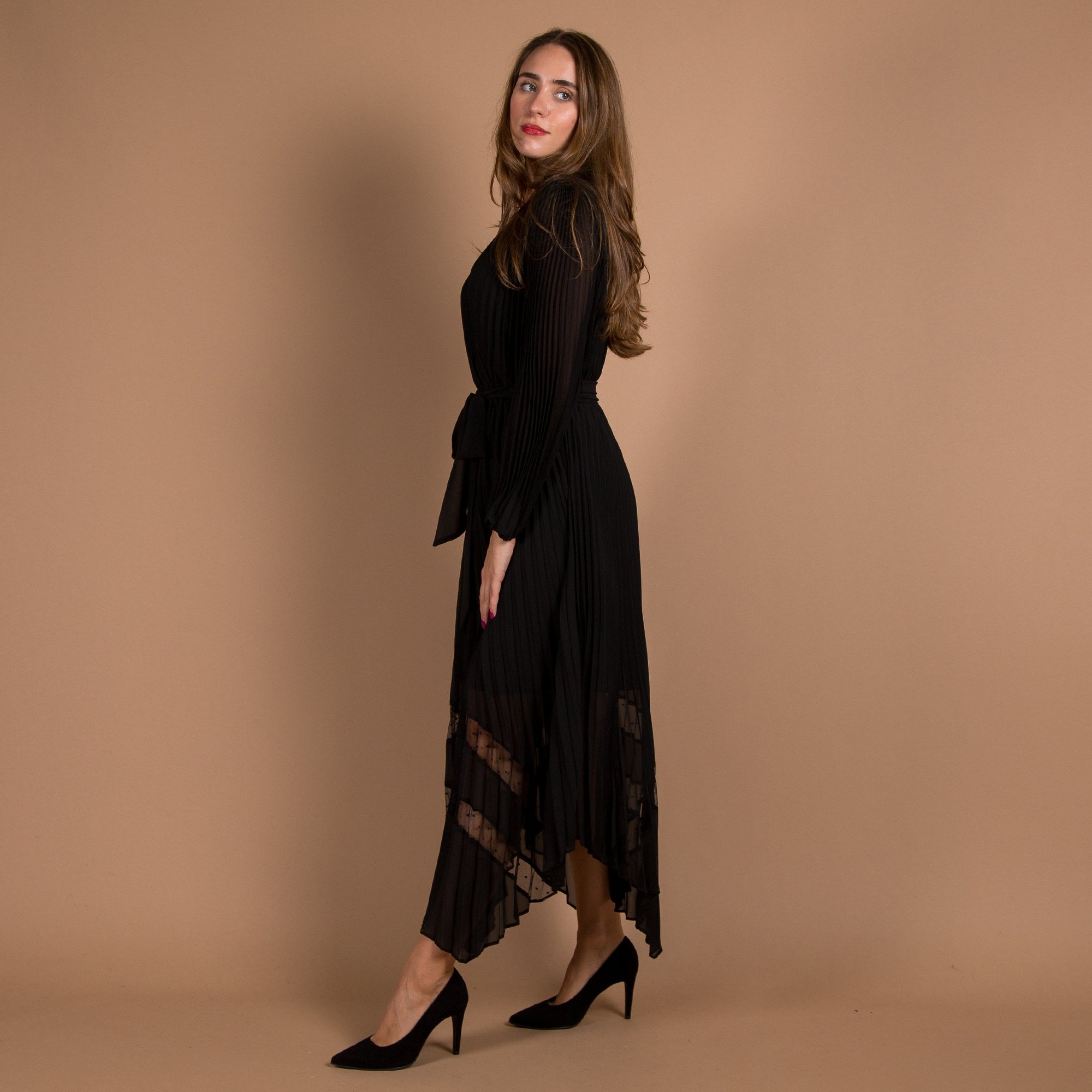 Joseph Ribkoff V Neck Pleat Belted Asymmetric Hem Dress Black