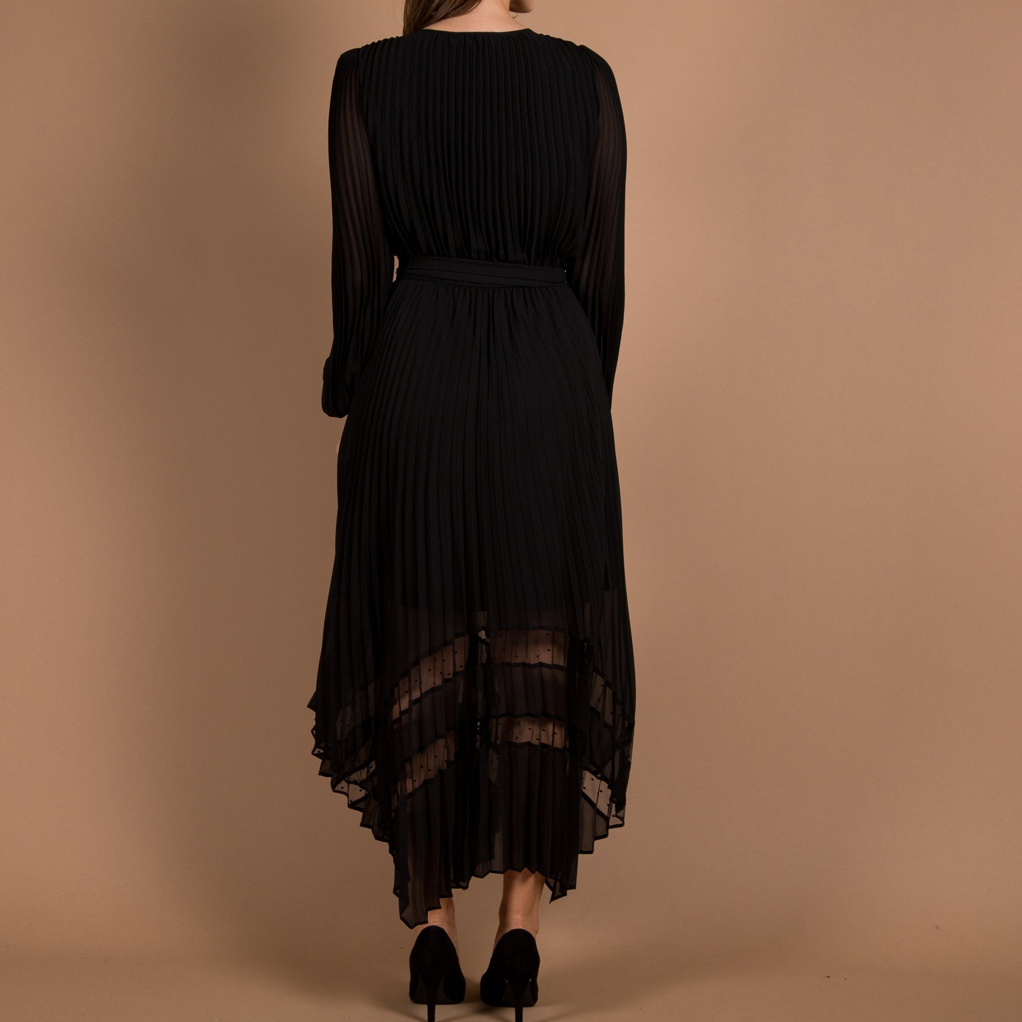 Joseph Ribkoff V Neck Pleat Belted Asymmetric Hem Dress Black