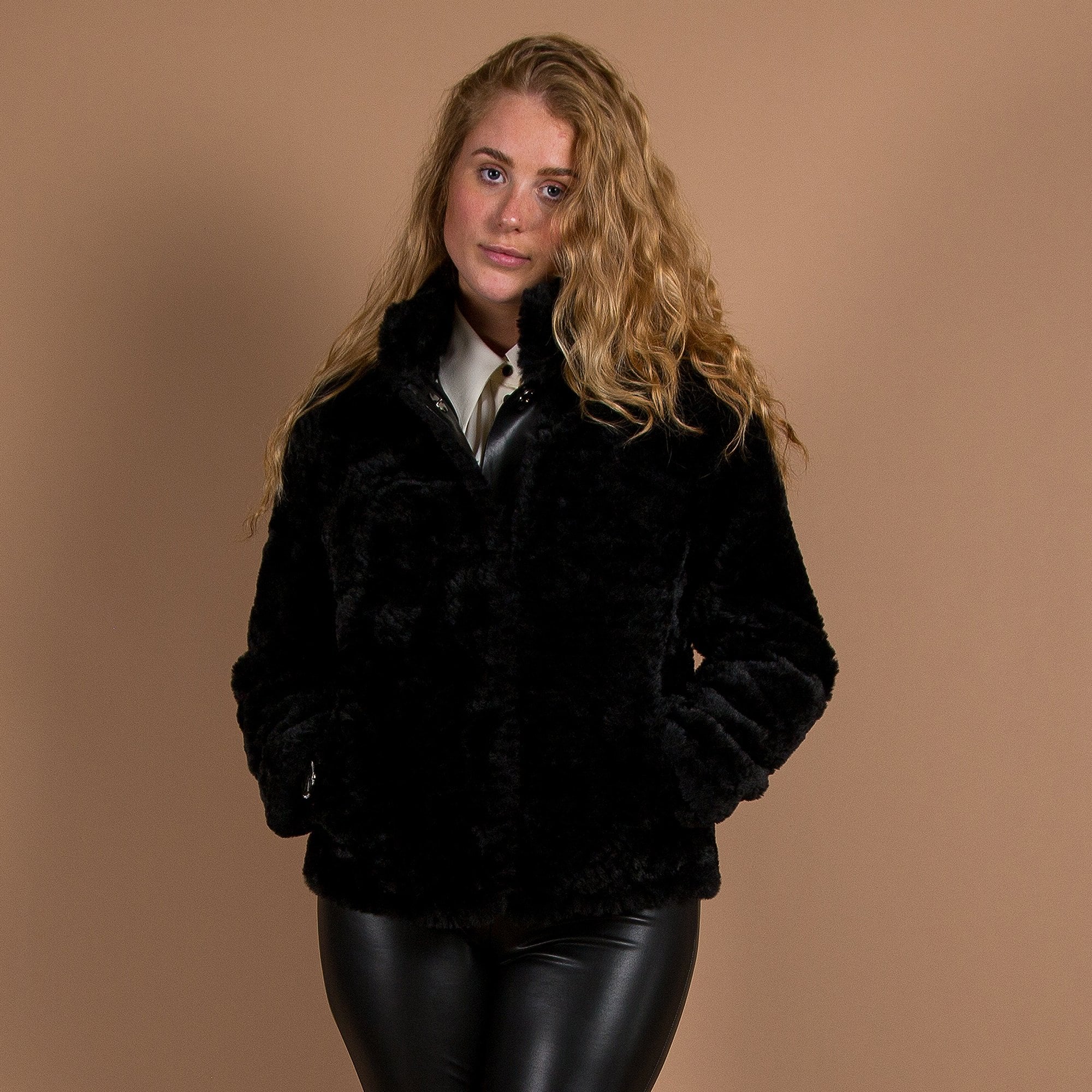 Rino & Pelle Davor Short Faux Fur High Collar Jacket Black