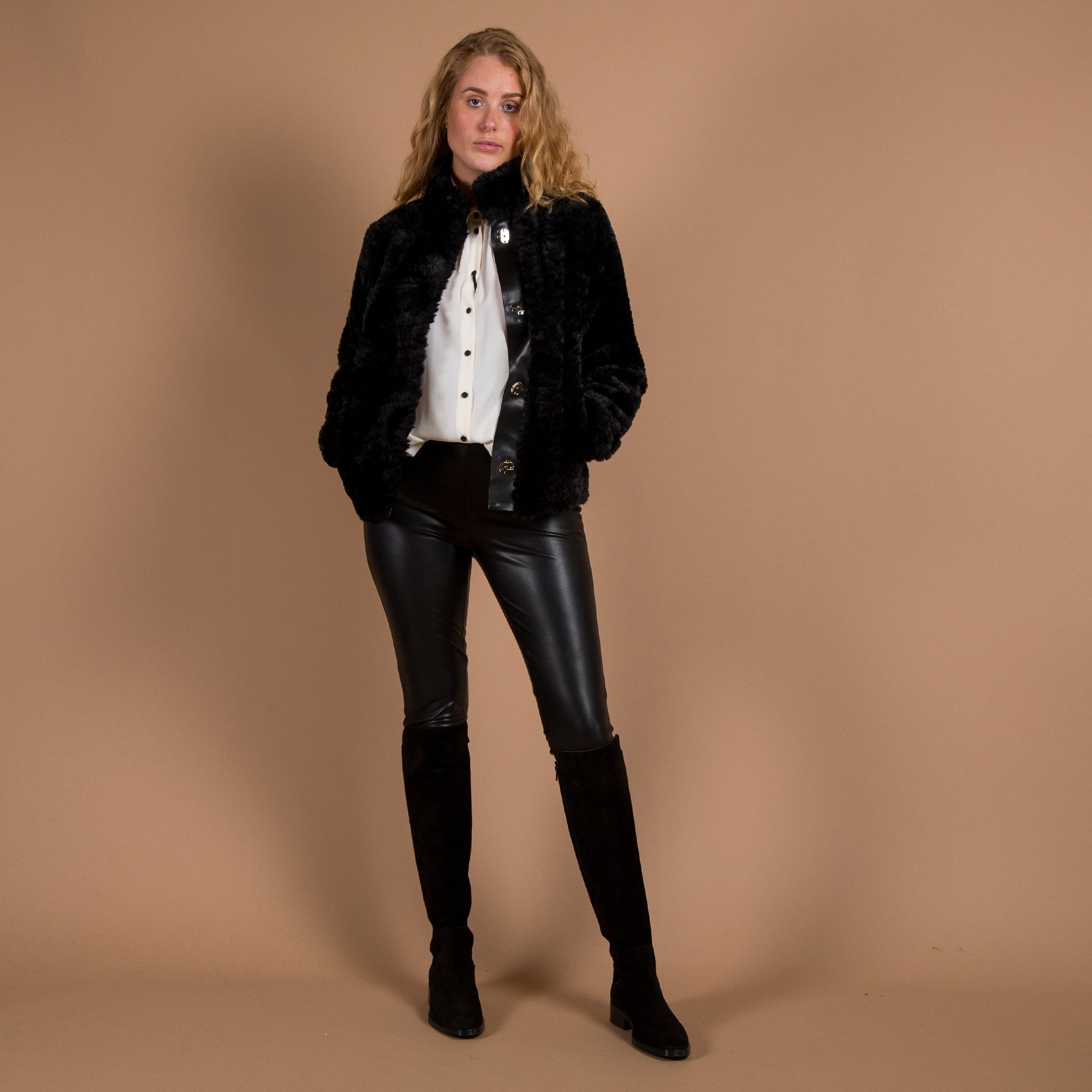 Rino & Pelle Davor Short Faux Fur High Collar Jacket Black