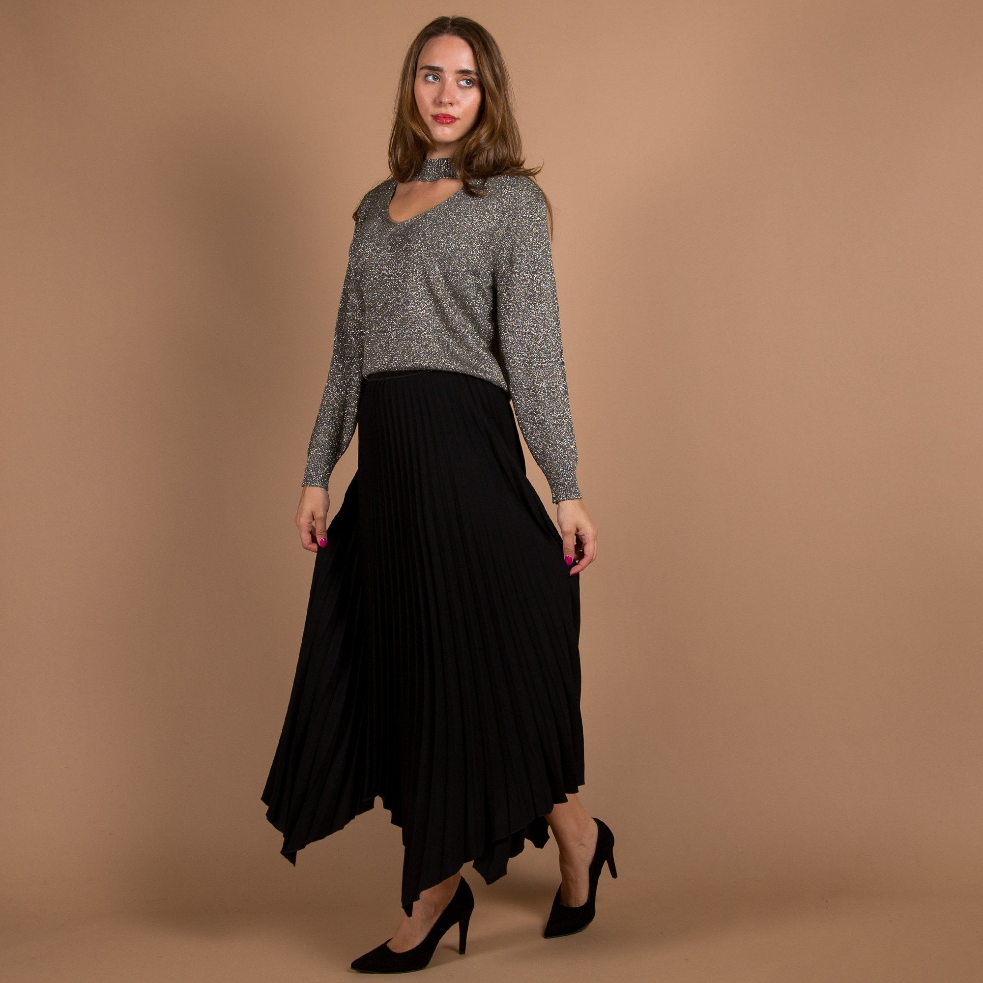 Luisa Cerano Elasticated Waist Asymmetric Pleat Skirt Black