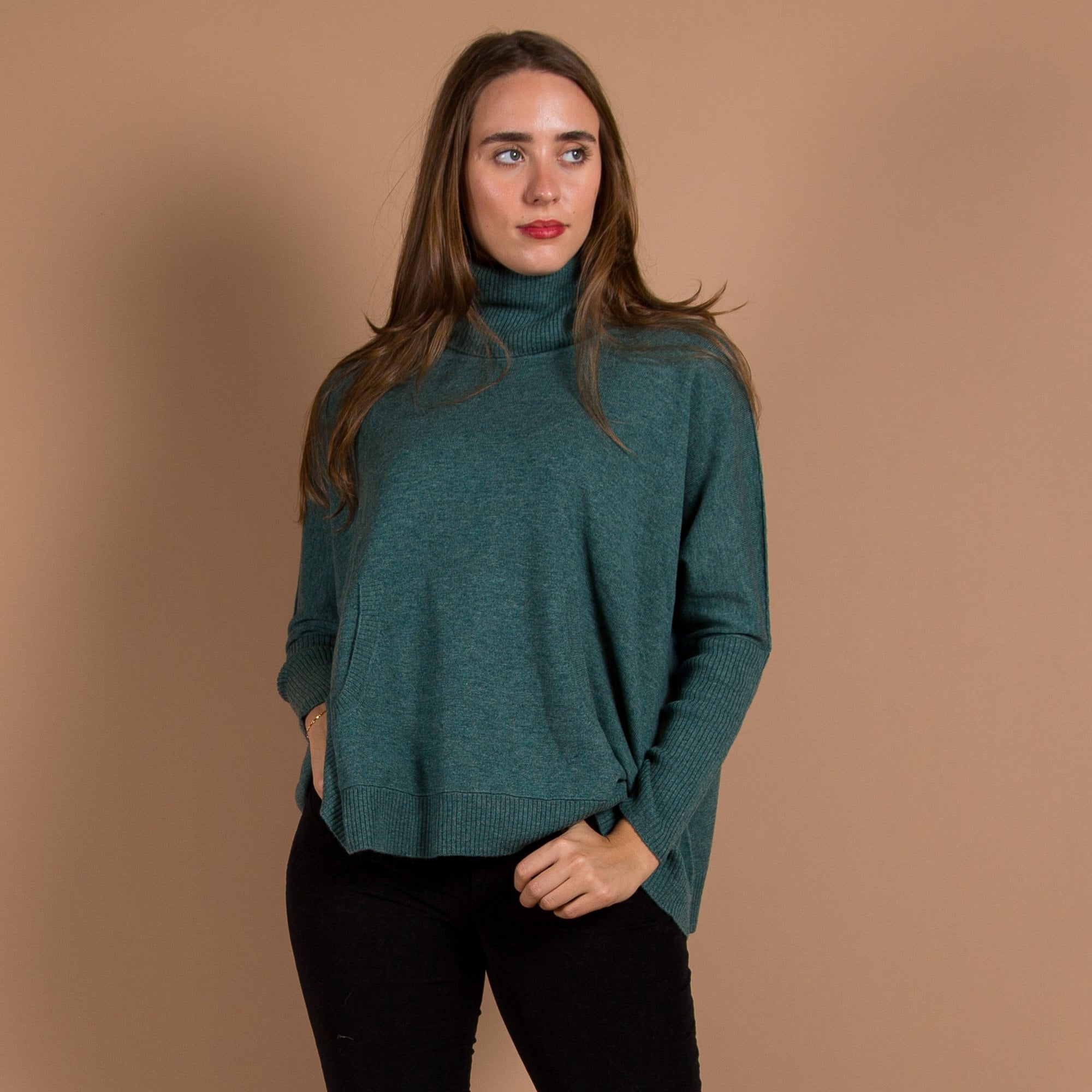 Repeat Cashmere Roll Neck A Line Pocket Front Cashmere Jumper Moss Green