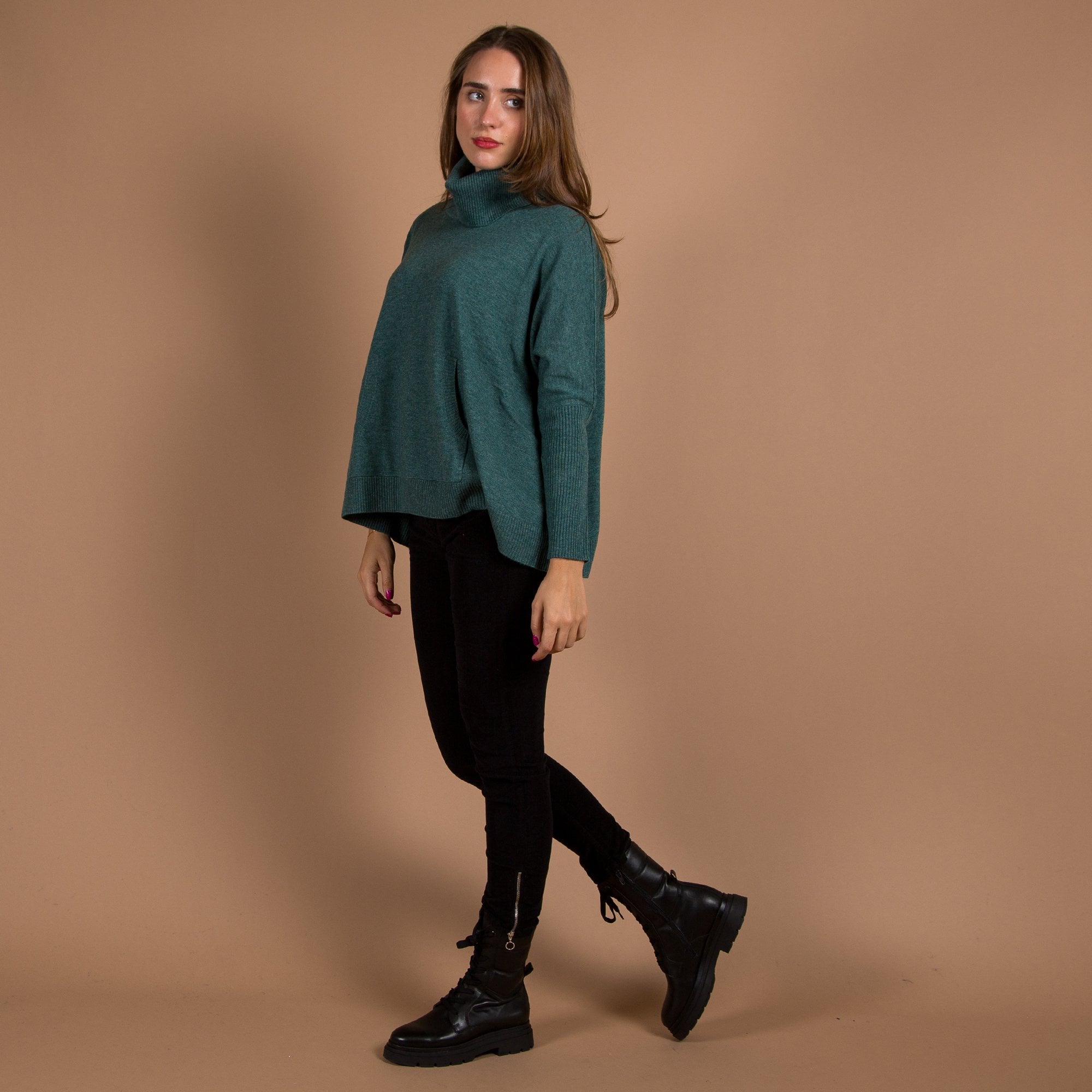 Repeat Cashmere Roll Neck A Line Pocket Front Cashmere Jumper Moss Green