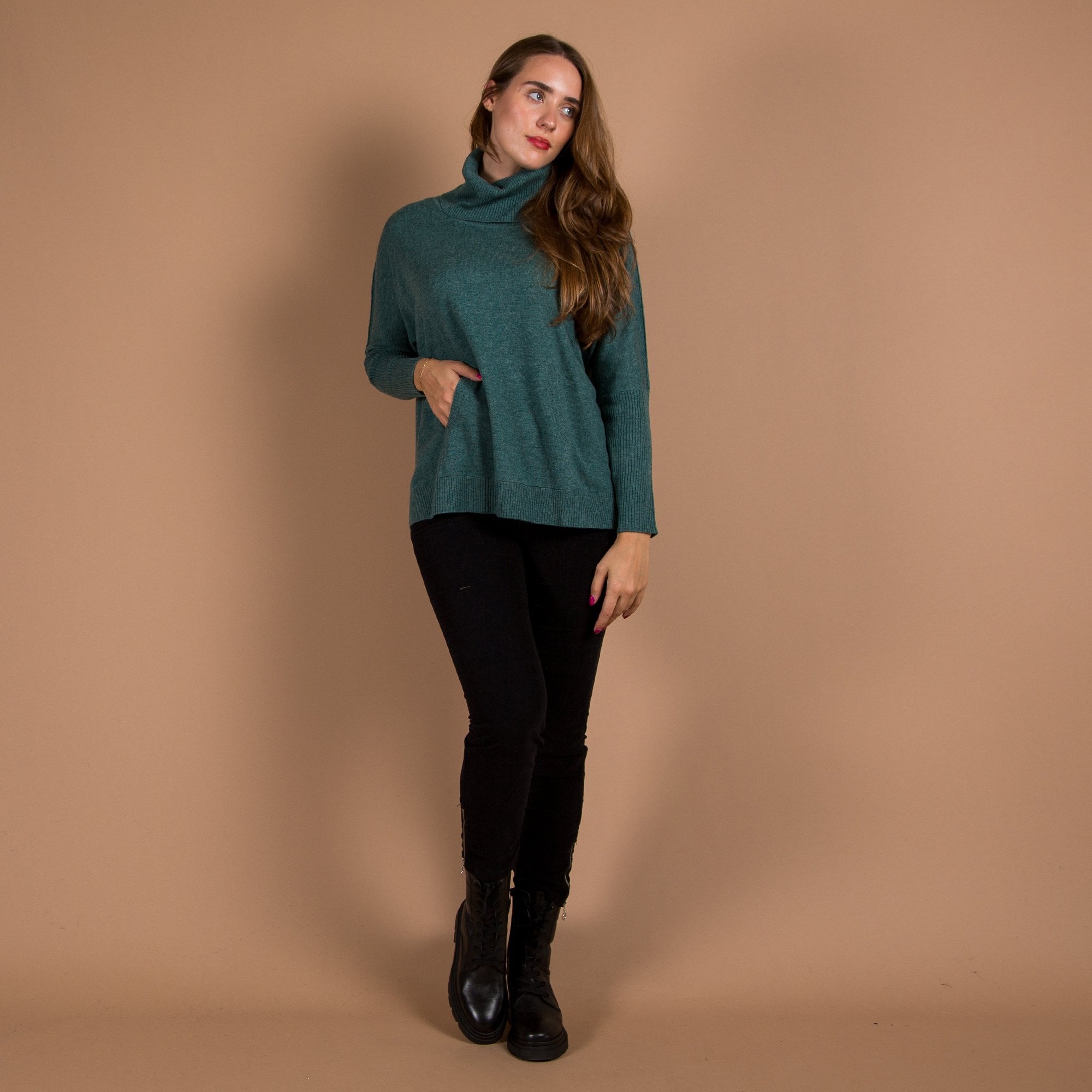 Repeat Cashmere Roll Neck A Line Pocket Front Cashmere Jumper Moss Green