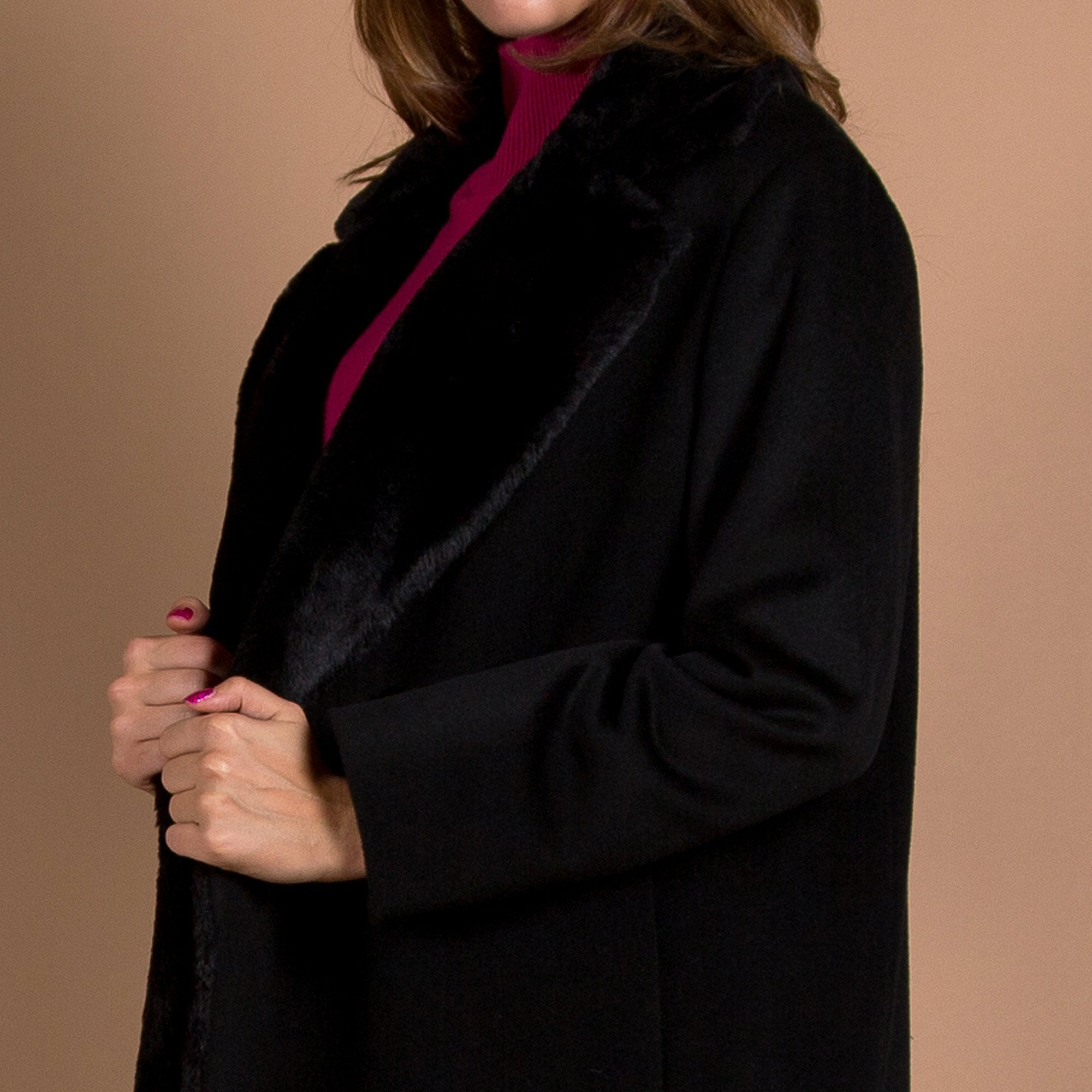 Cinzia Rocca Long Wool Coat With Faux Fur Lapel Black