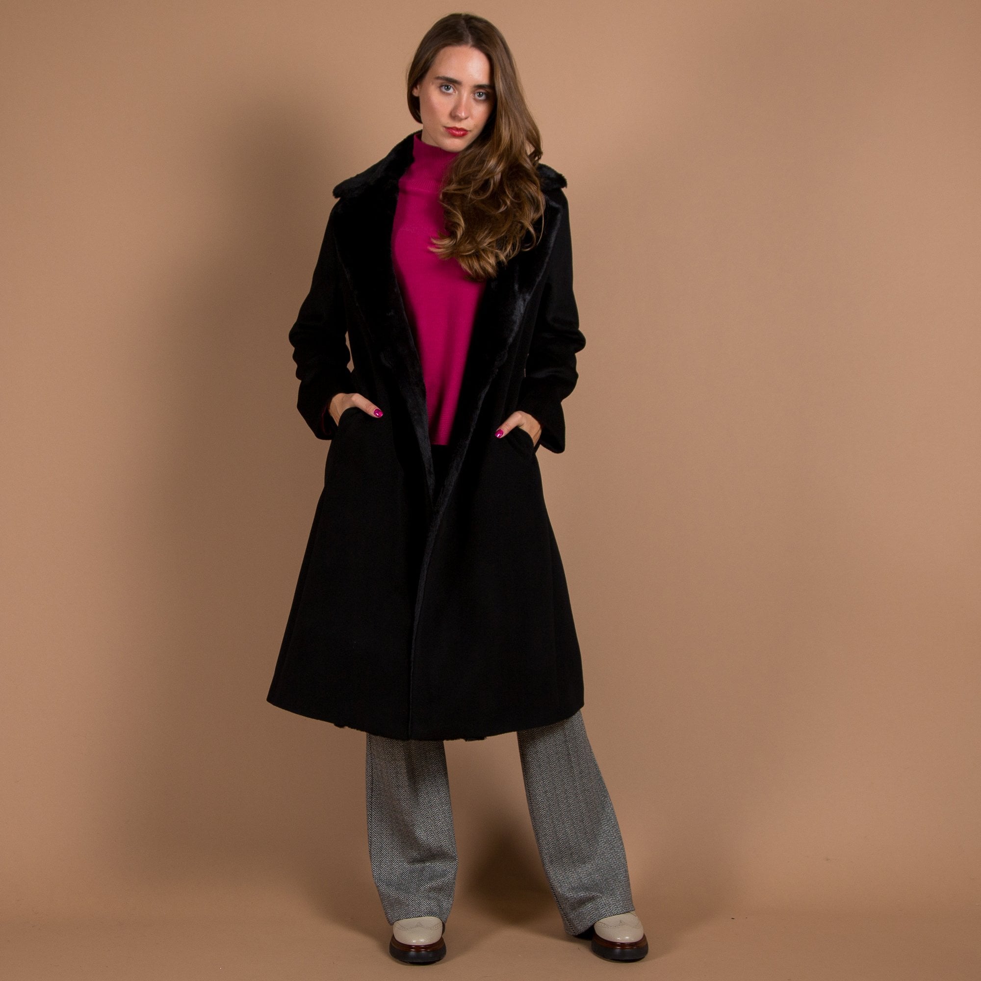 Cinzia Rocca Long Wool Coat With Faux Fur Lapel Black
