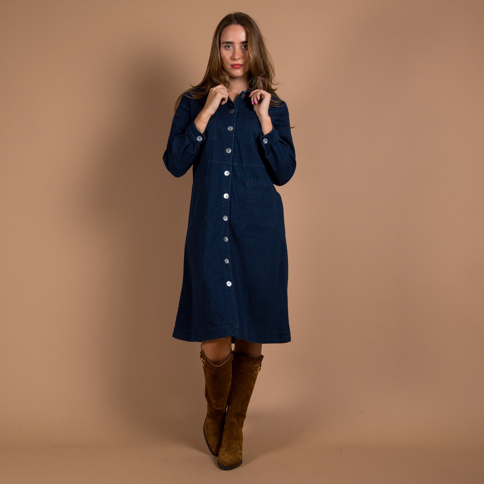 Sahara Pocket Front Shirt Collar Denim Dress