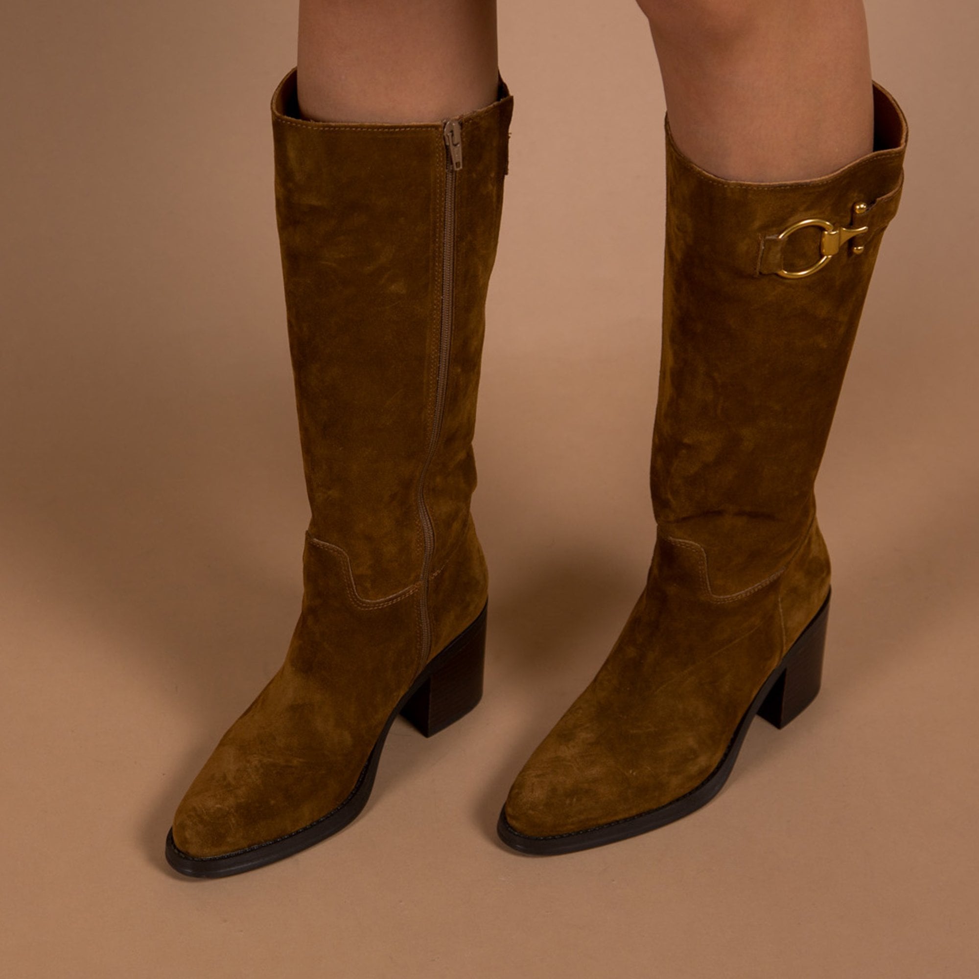 Alpe Mid Length Bloc Heel Boot With Buckle Detail Tan