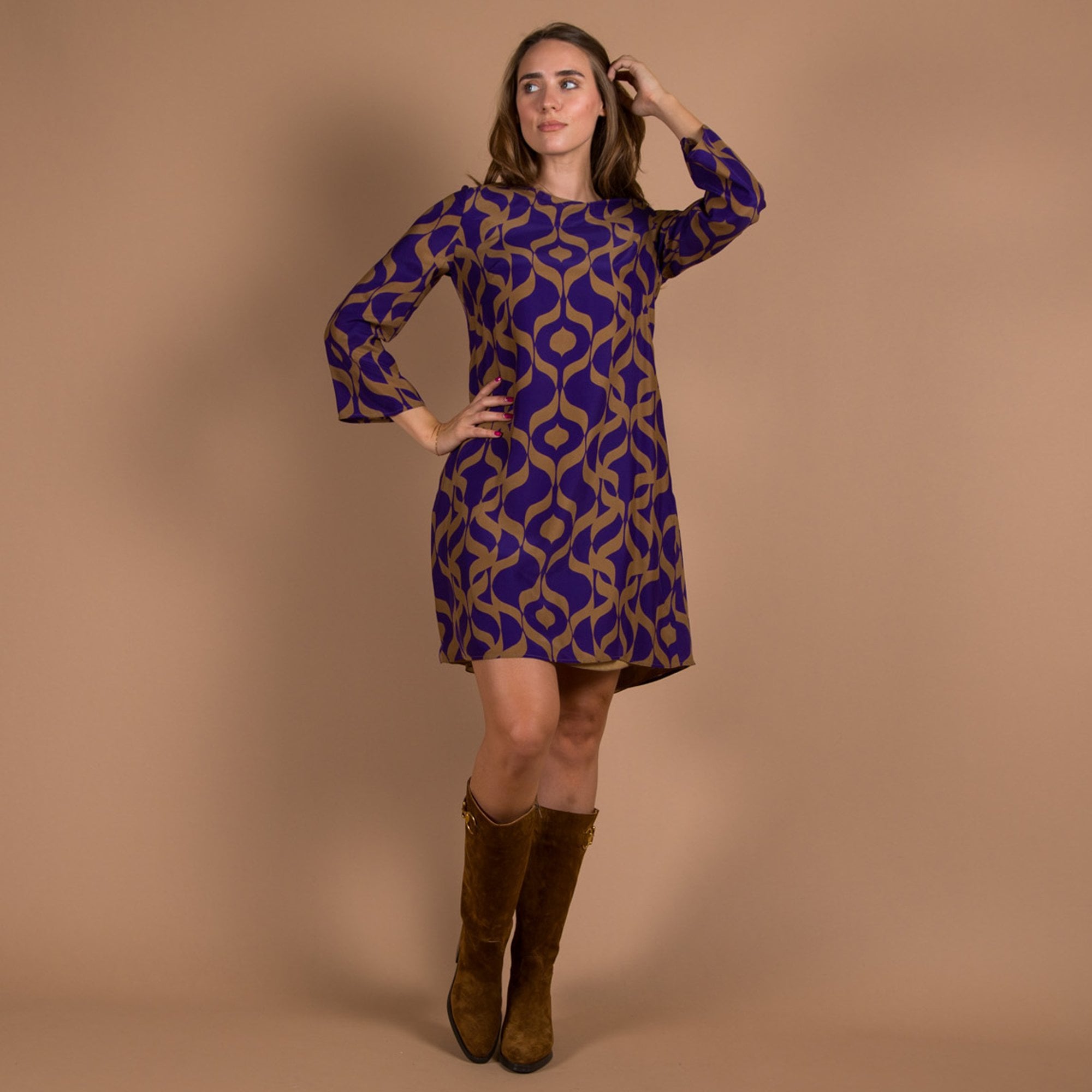 Luisa Cerano Round Neck Retro Print Flute Sleeve Dress Purple/camel