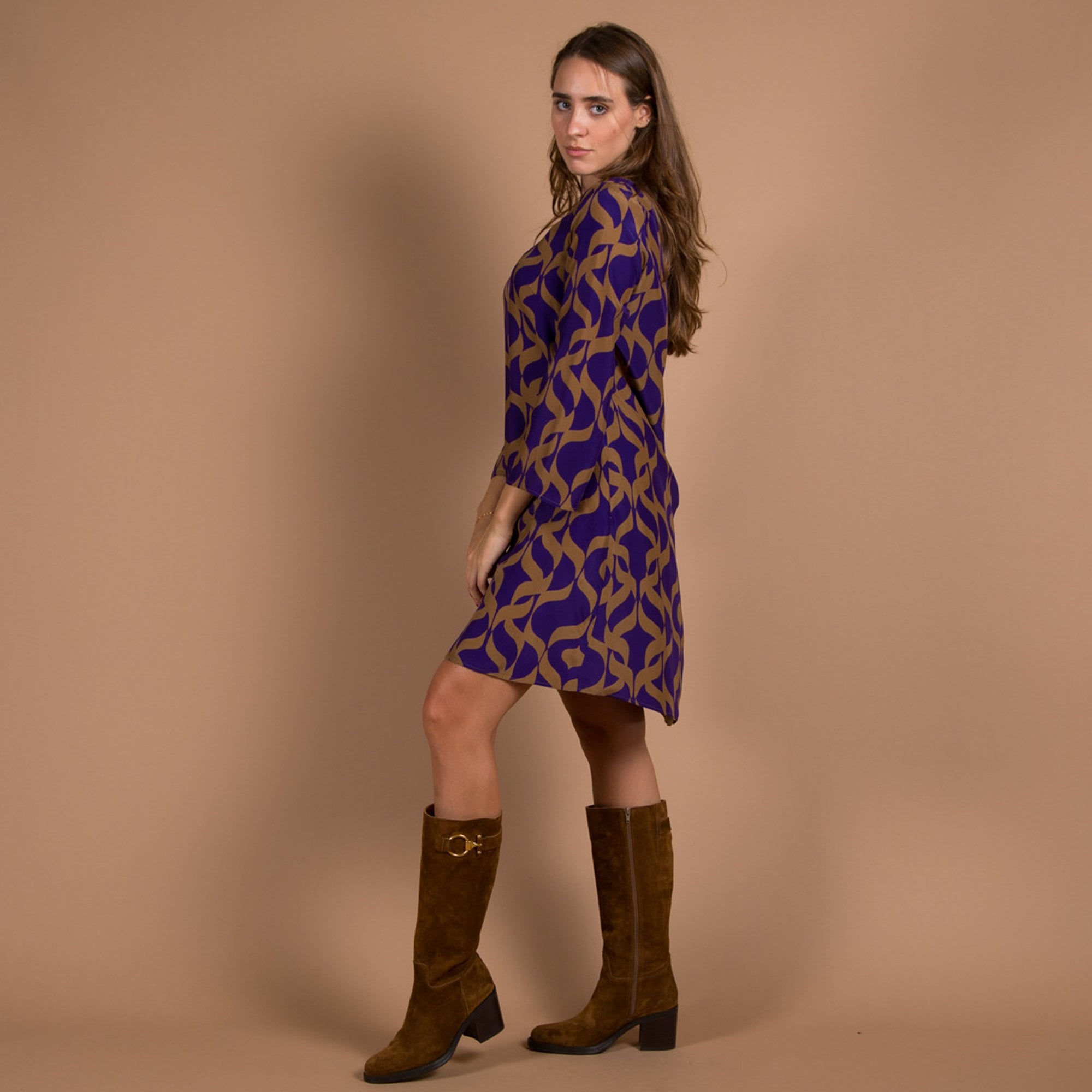 Luisa Cerano Round Neck Retro Print Flute Sleeve Dress Purple/camel