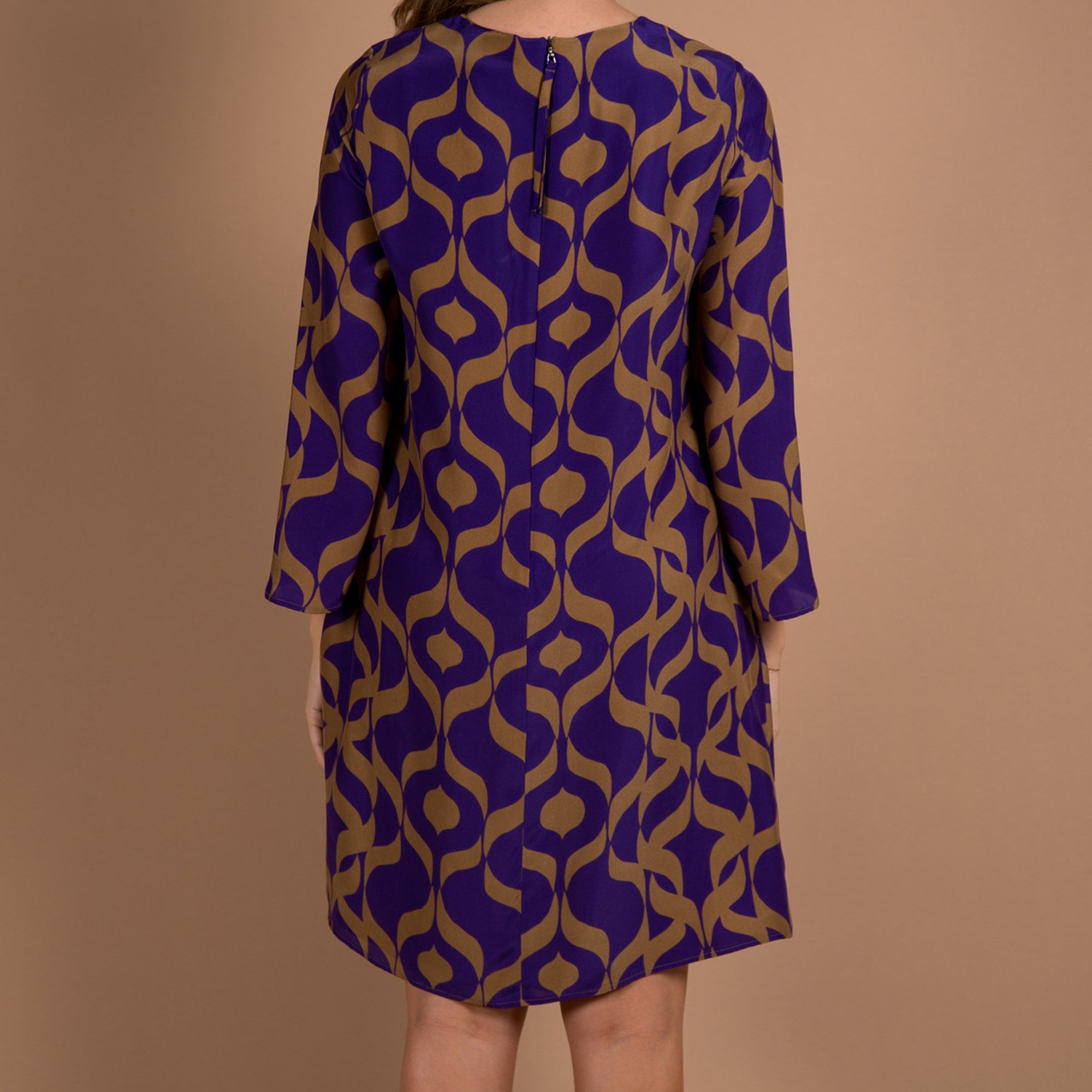 Luisa Cerano Round Neck Retro Print Flute Sleeve Dress Purple/camel