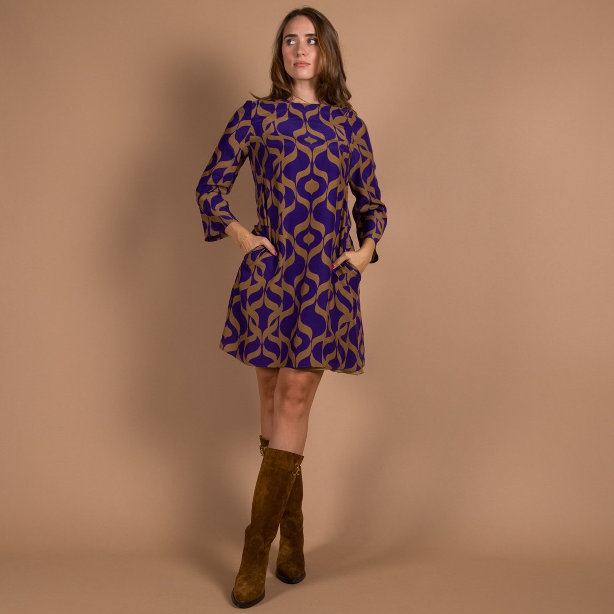 Luisa Cerano Round Neck Retro Print Flute Sleeve Dress Purple/camel