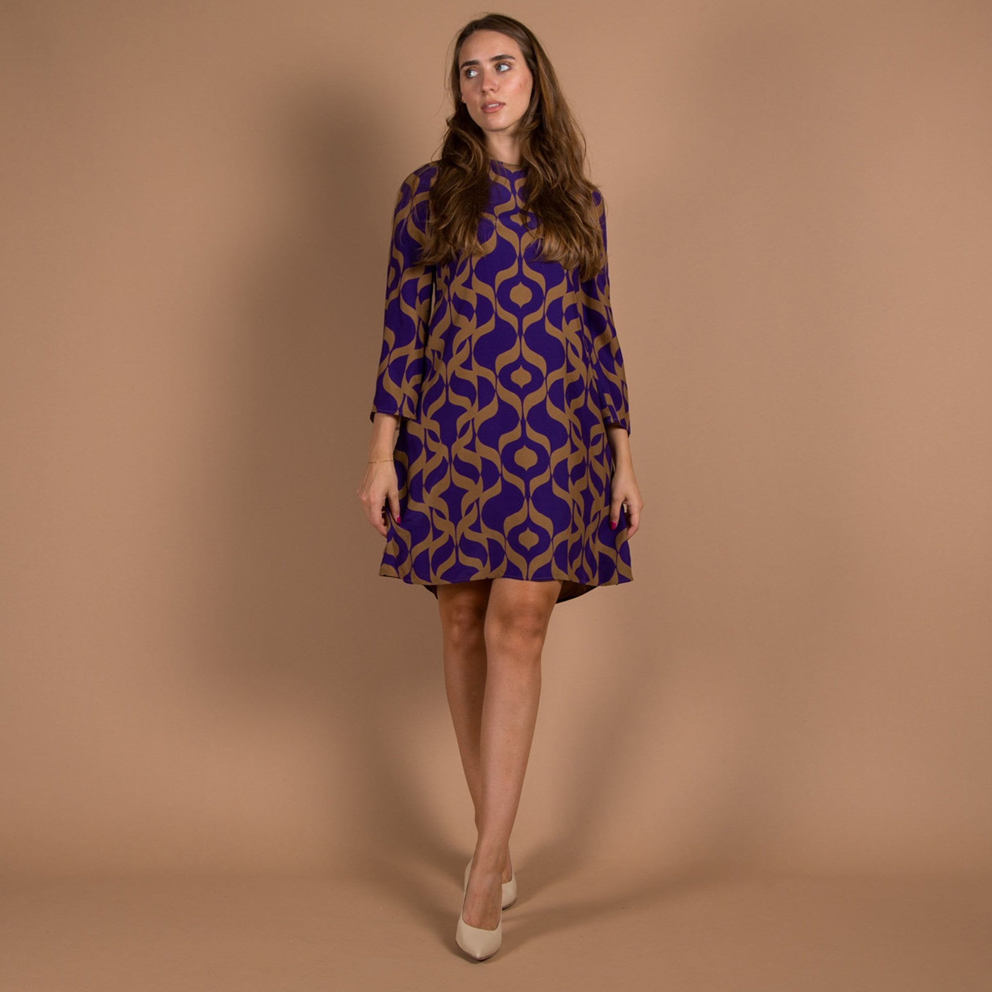 Luisa Cerano Round Neck Retro Print Flute Sleeve Dress Purple/camel