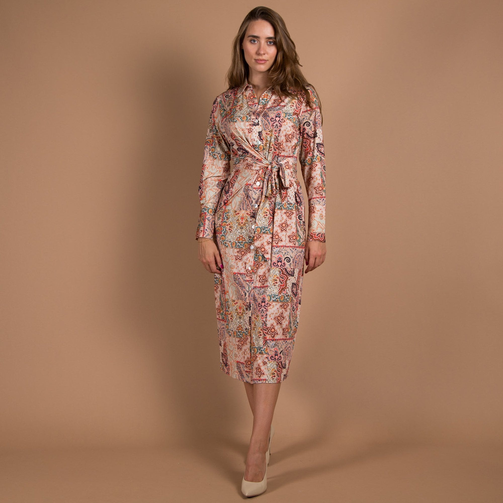 K Design Paisley Print Belted Maxi Shirt Dress Orange Multi