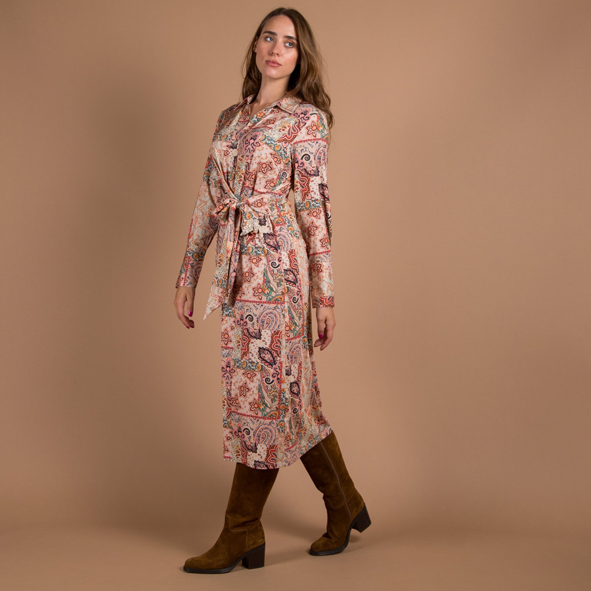 K Design Paisley Print Belted Maxi Shirt Dress Orange Multi