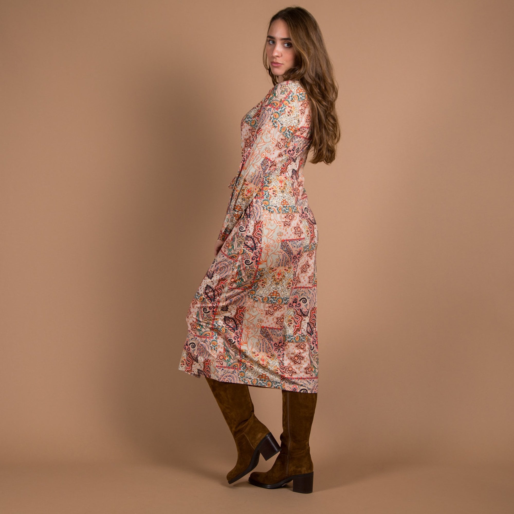 K Design Paisley Print Belted Maxi Shirt Dress Orange Multi