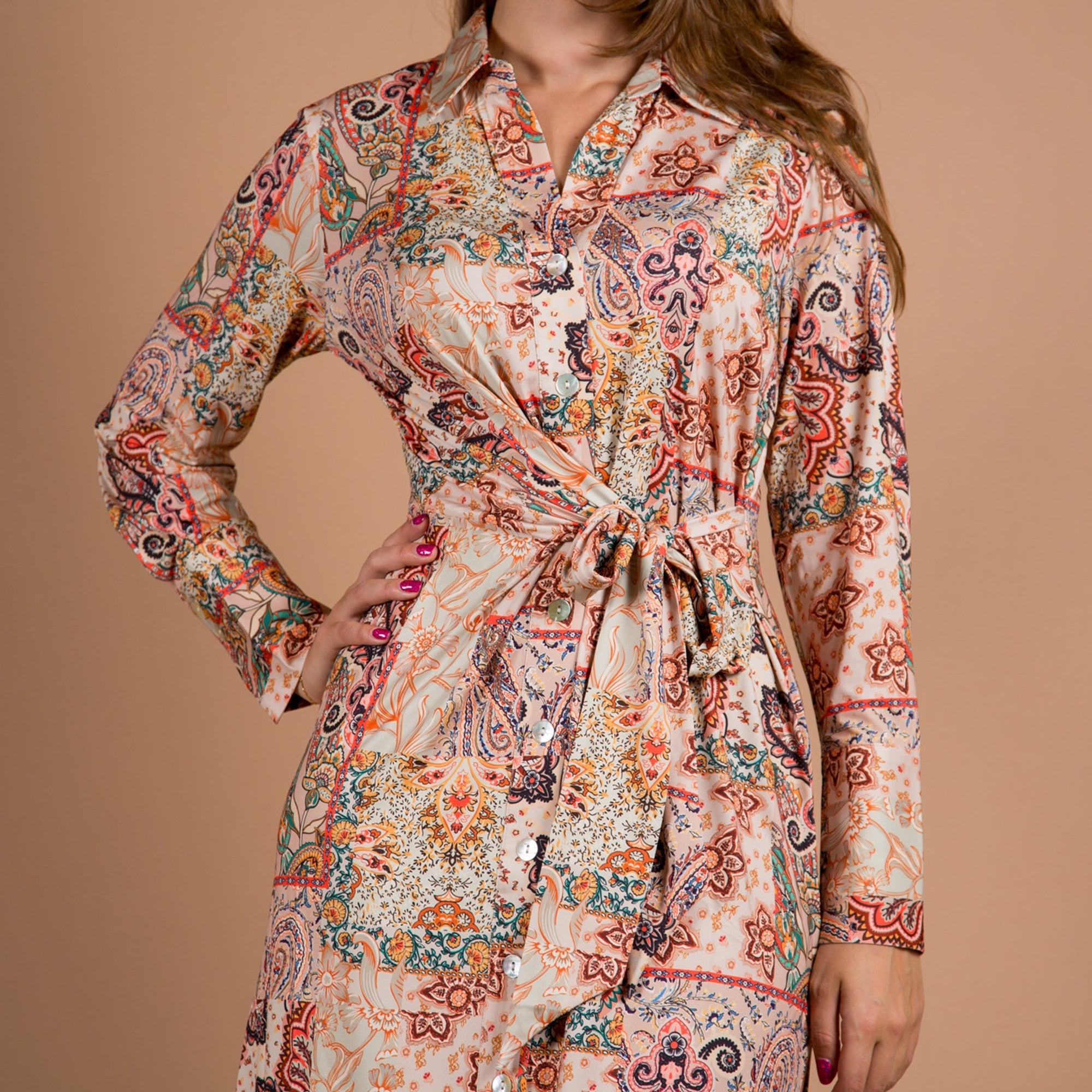 K Design Paisley Print Belted Maxi Shirt Dress Orange Multi