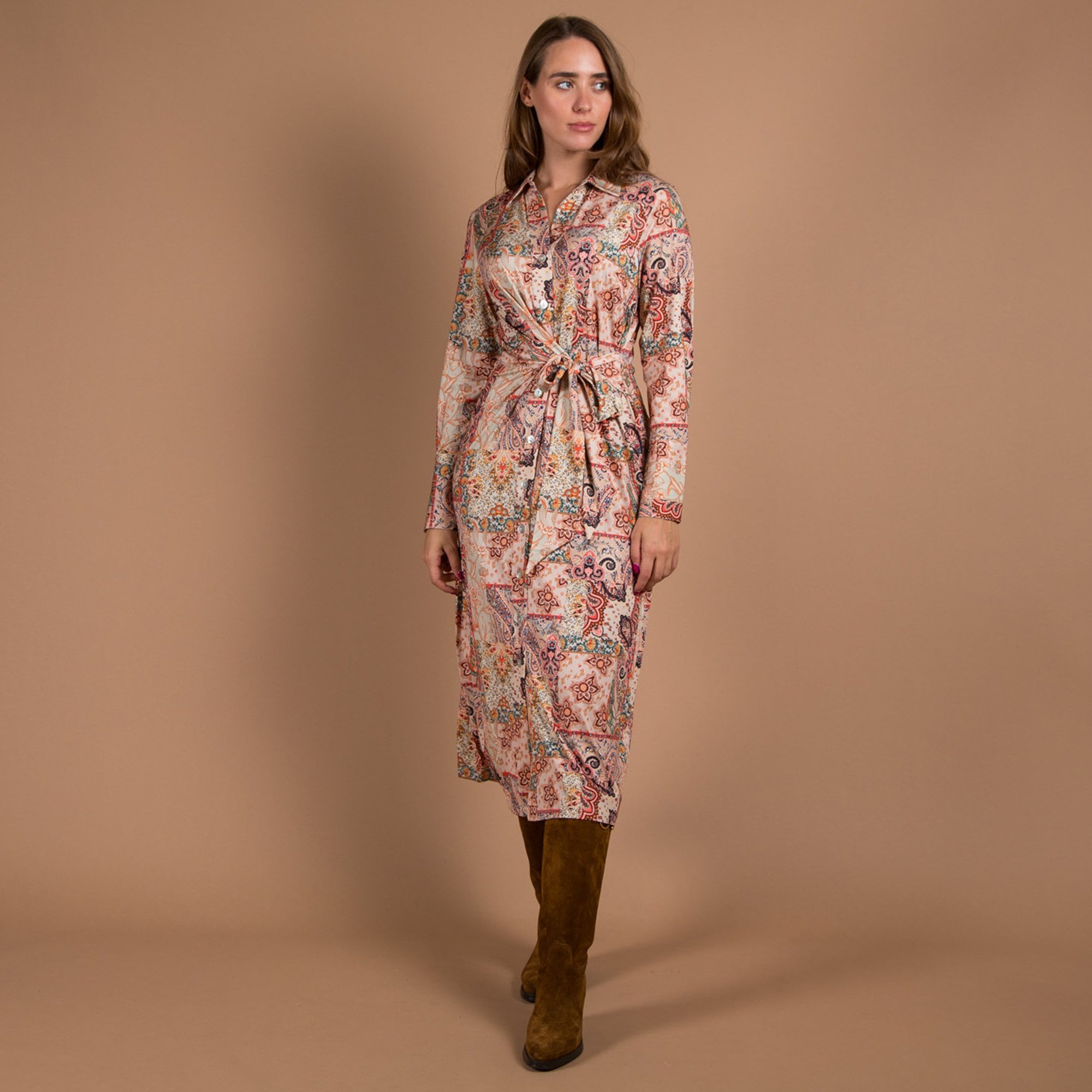 K Design Paisley Print Belted Maxi Shirt Dress Orange Multi