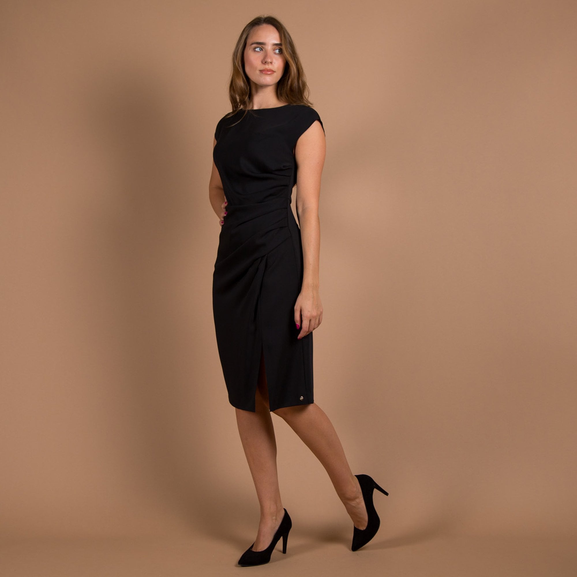 Marc Cain Round Neck Cap Sleeve Ruched Waist Fitted Dress Black