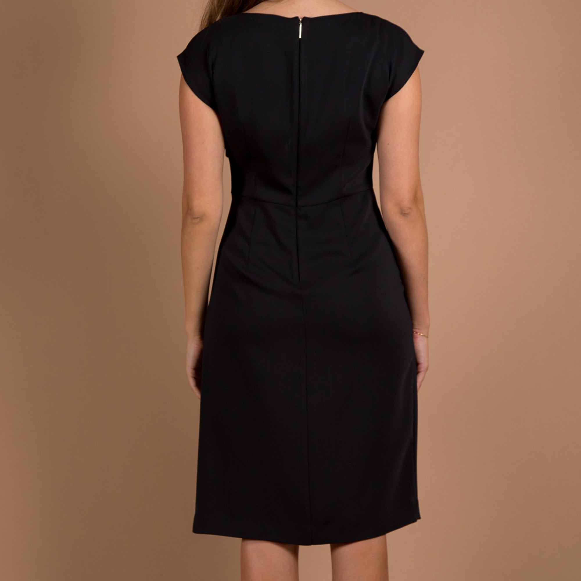 Marc Cain Round Neck Cap Sleeve Ruched Waist Fitted Dress Black