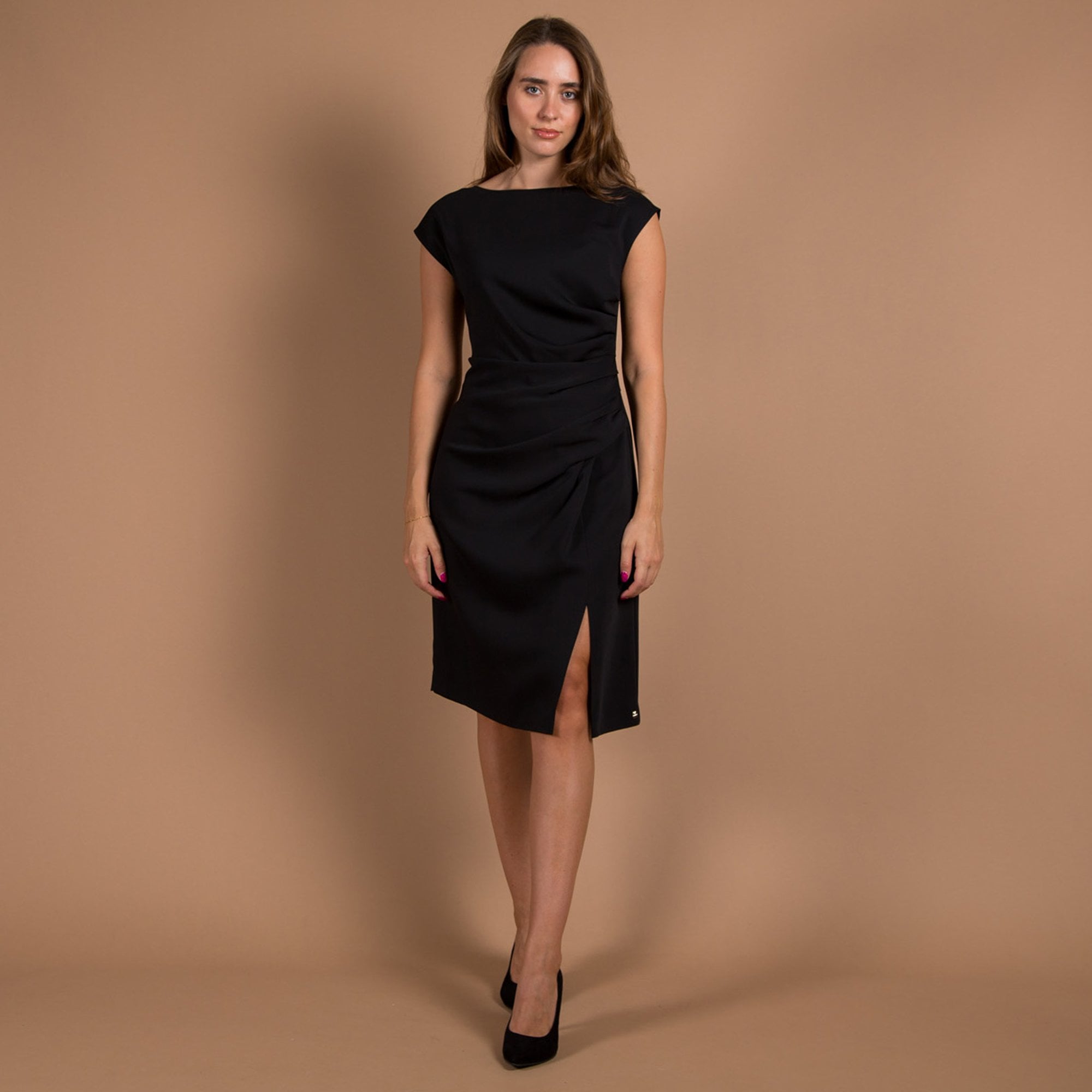 Marc Cain Round Neck Cap Sleeve Ruched Waist Fitted Dress Black