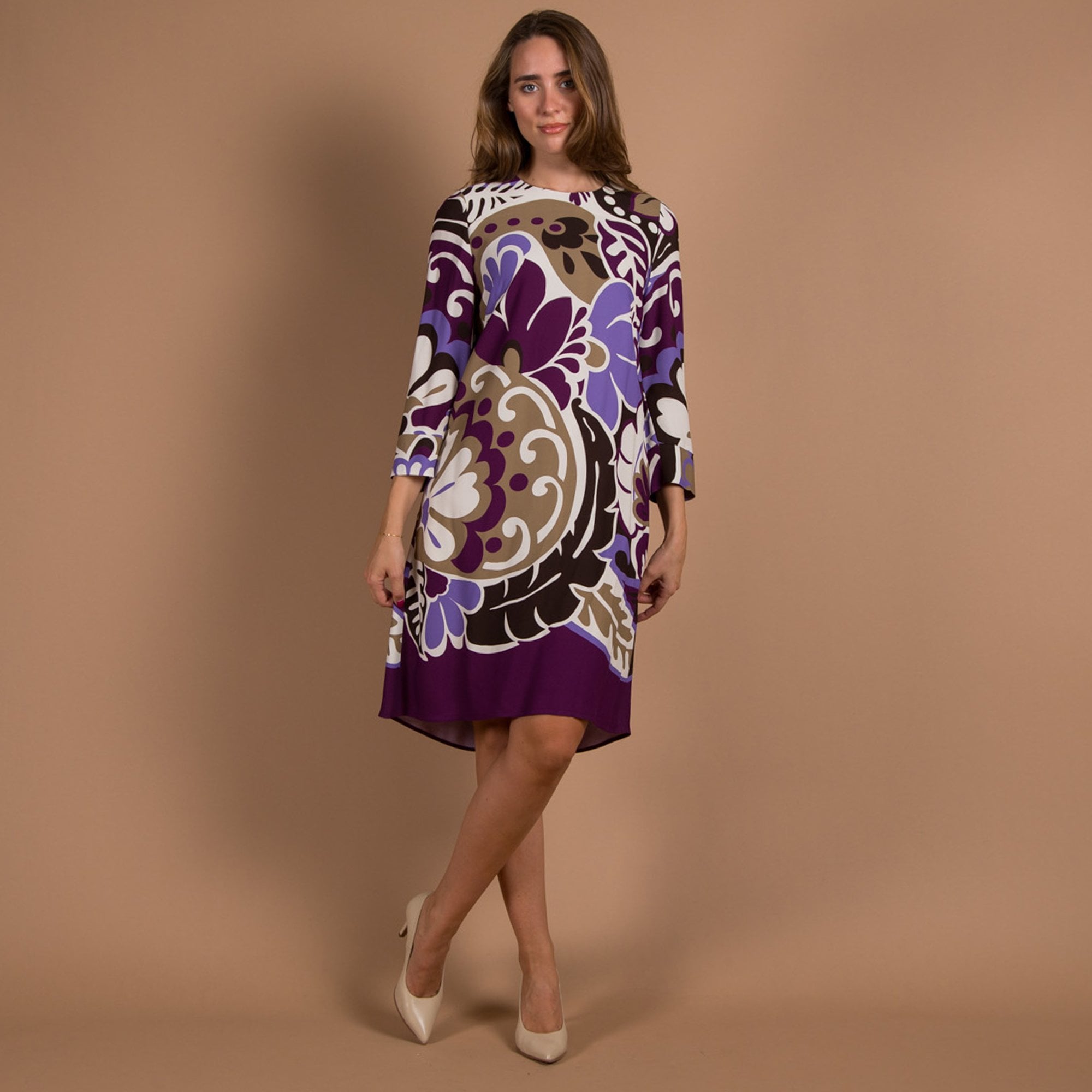 Luisa Cerano Blown Up Floral Loose Bodied A Line Dress Purple/ivory