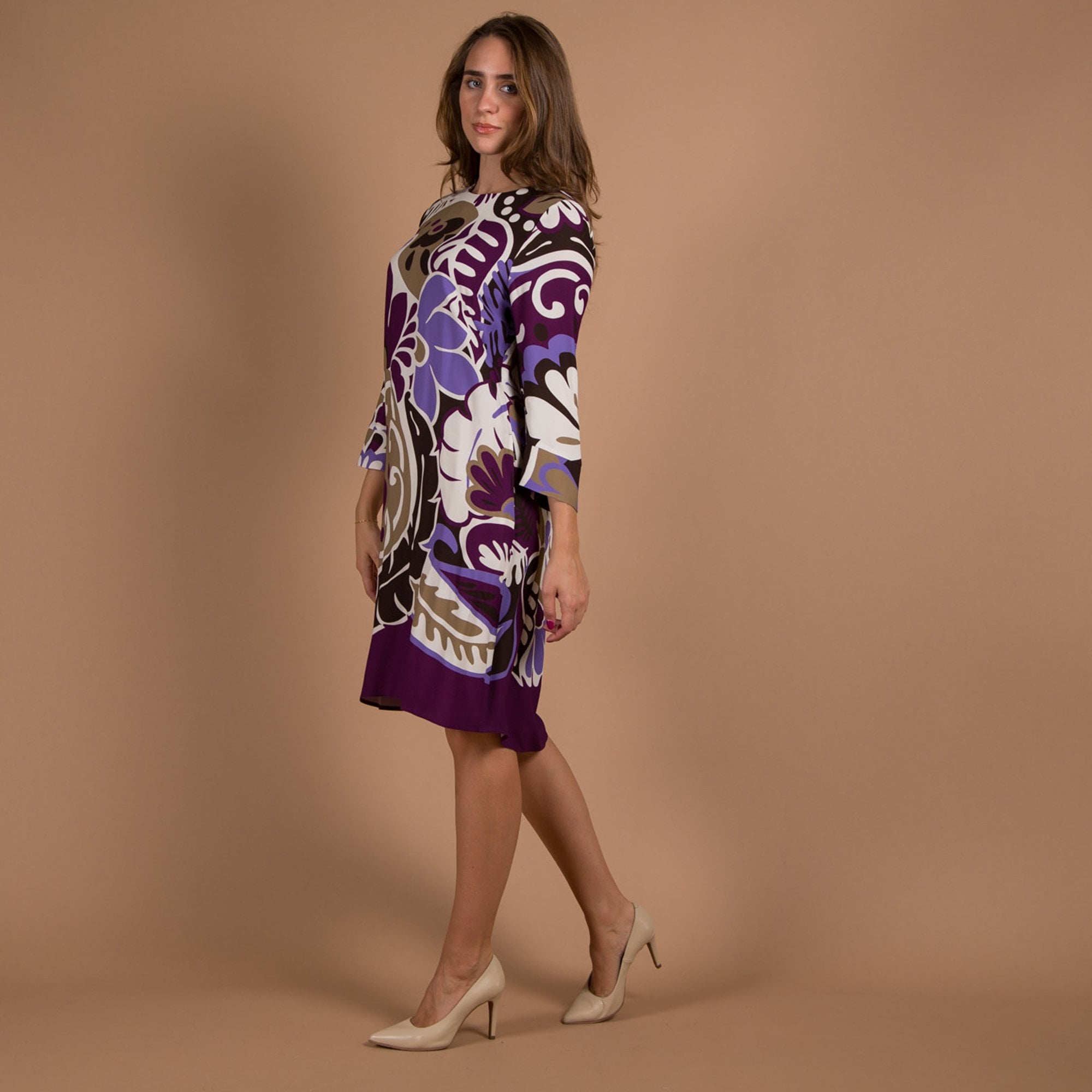 Luisa Cerano Blown Up Floral Loose Bodied A Line Dress Purple/ivory