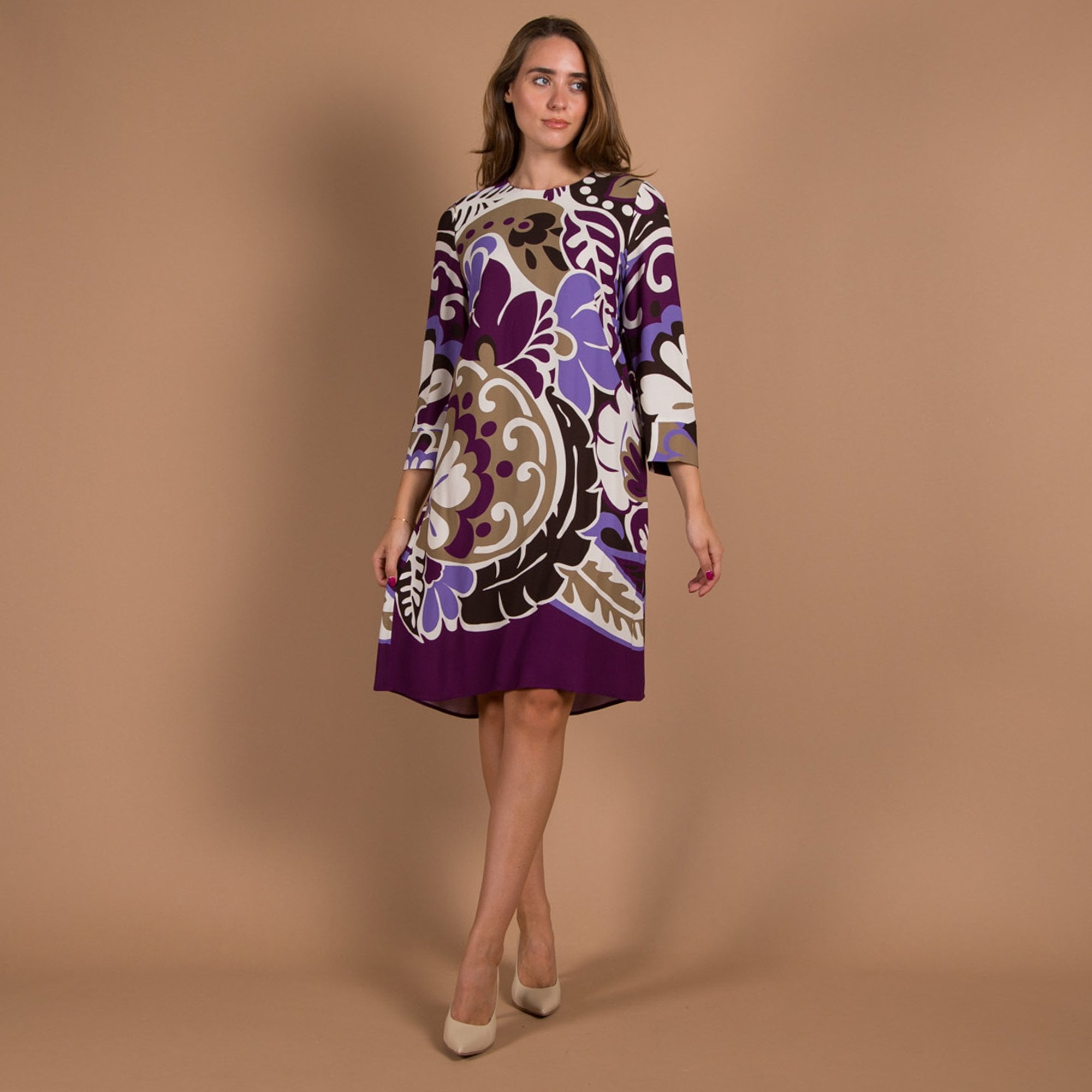 Luisa Cerano Blown Up Floral Loose Bodied A Line Dress Purple/ivory