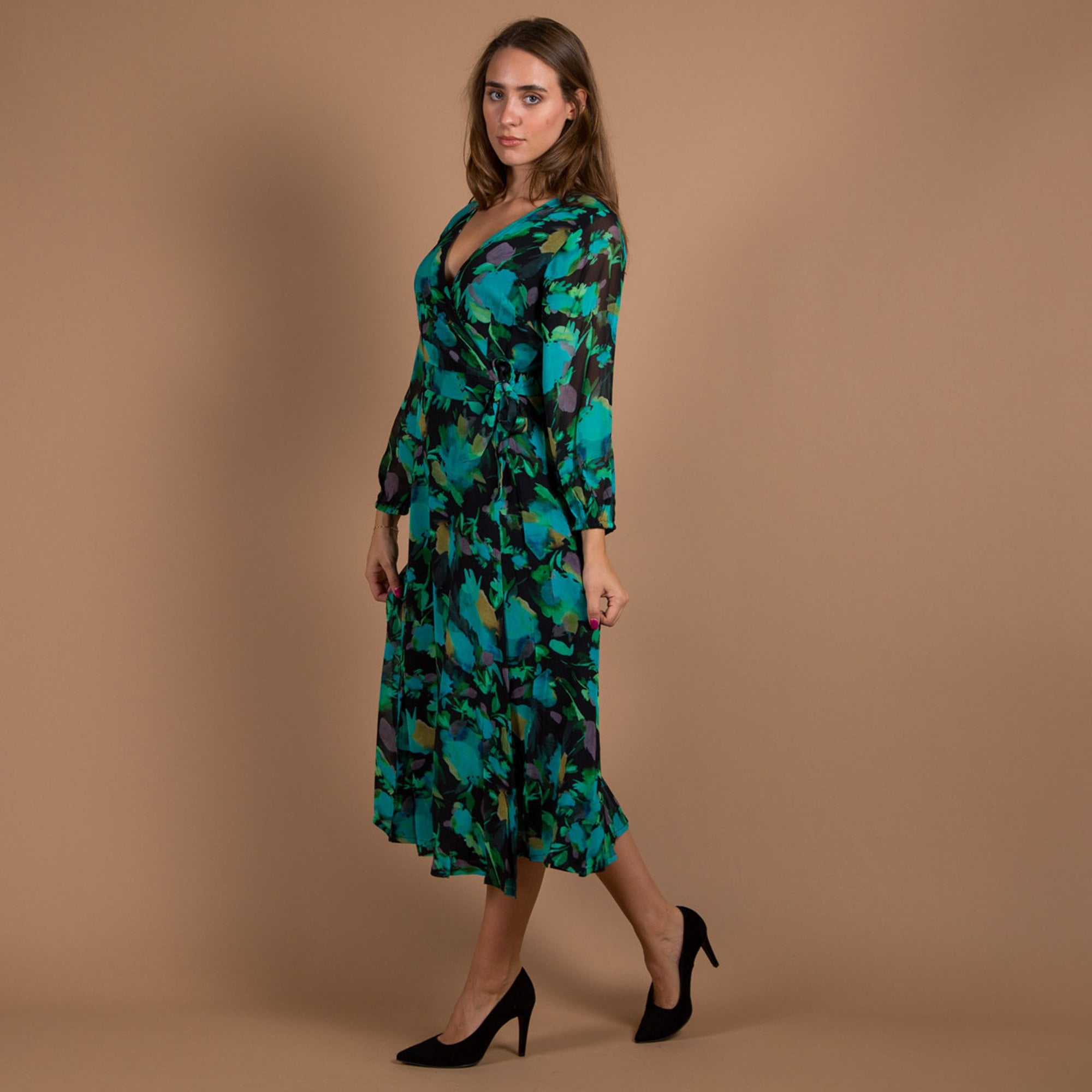 Pomodoro Floral Print Tie Side V Neck Wrap Dress Emerald/black