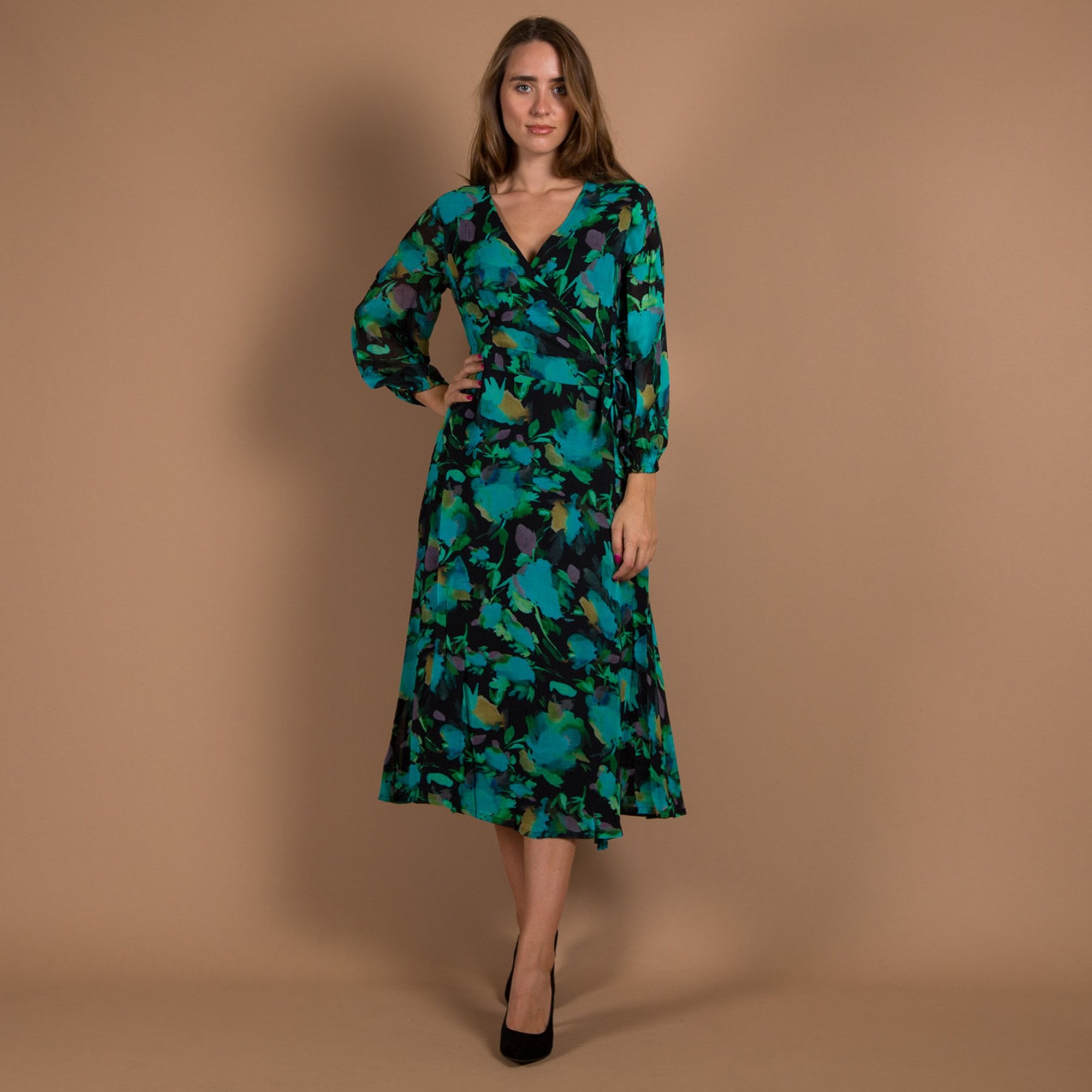 Pomodoro Floral Print Tie Side V Neck Wrap Dress Emerald/black