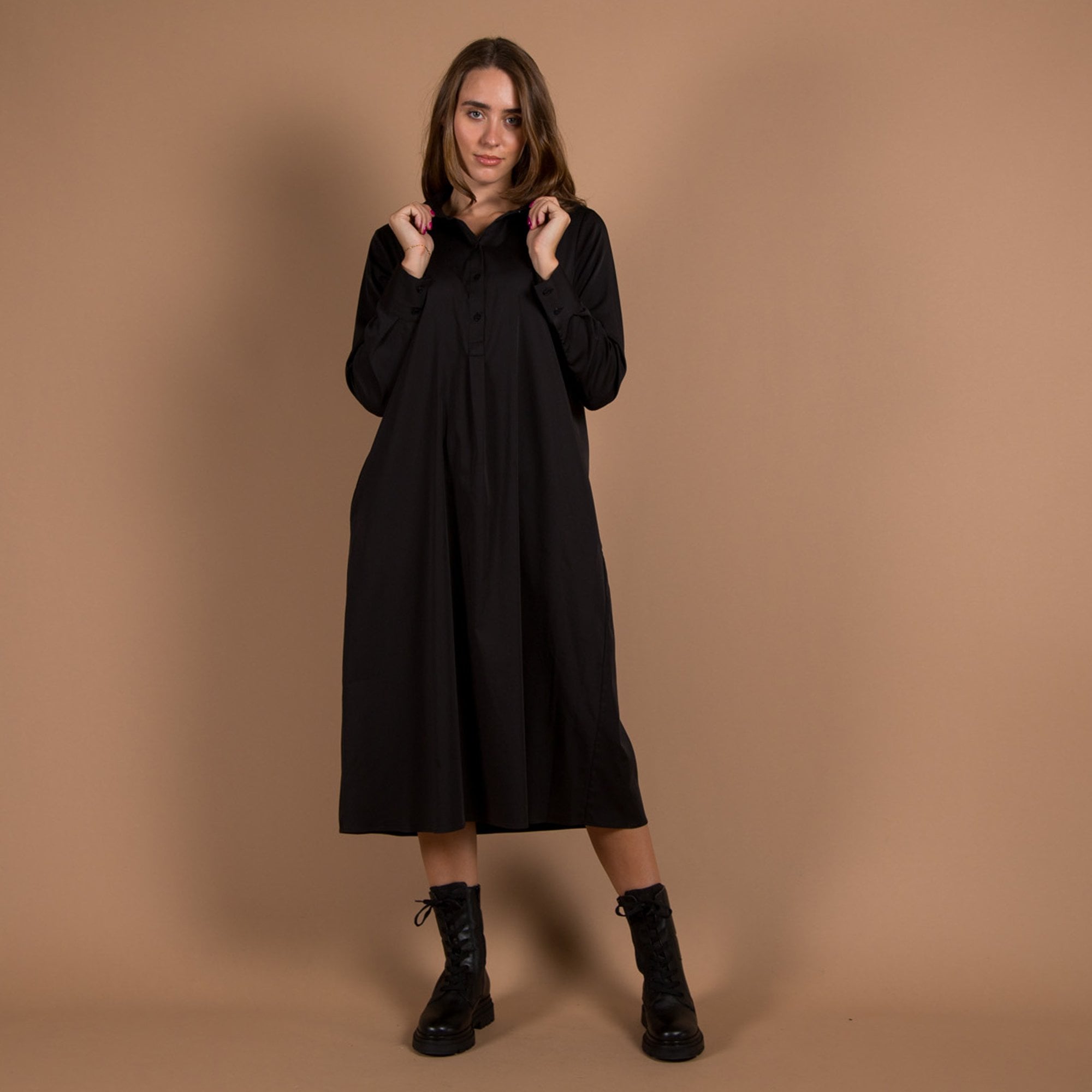 Milano Italy Plain Stretch Cotton Shirt Dress Black