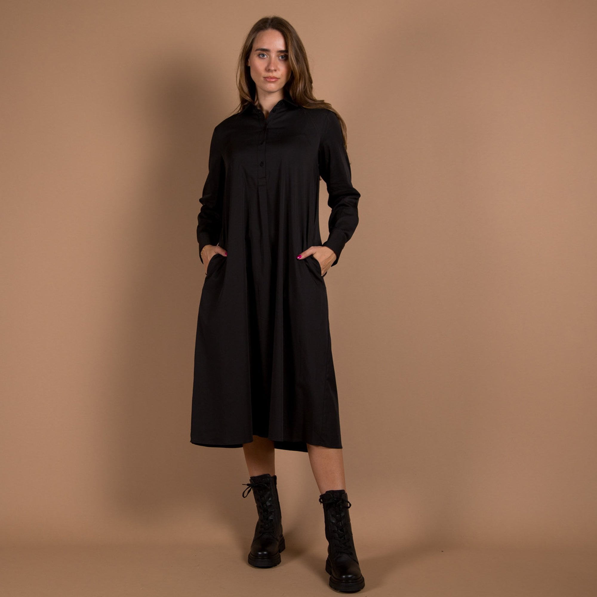 Milano Italy Plain Stretch Cotton Shirt Dress Black