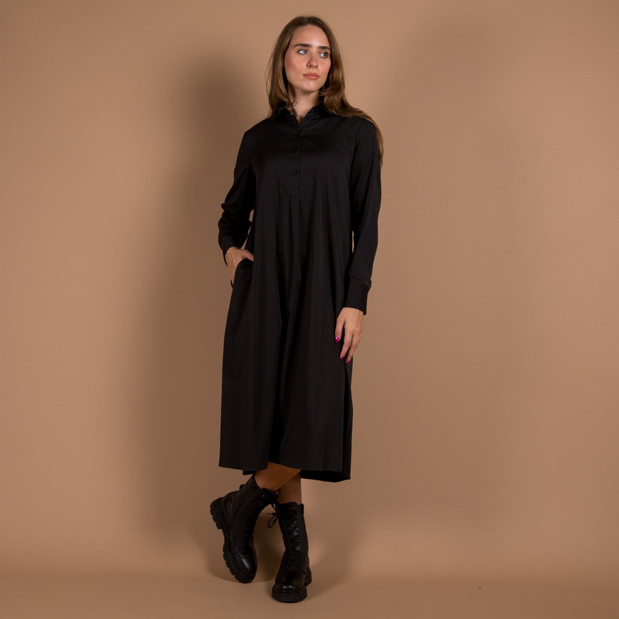 Milano Italy Plain Stretch Cotton Shirt Dress Black