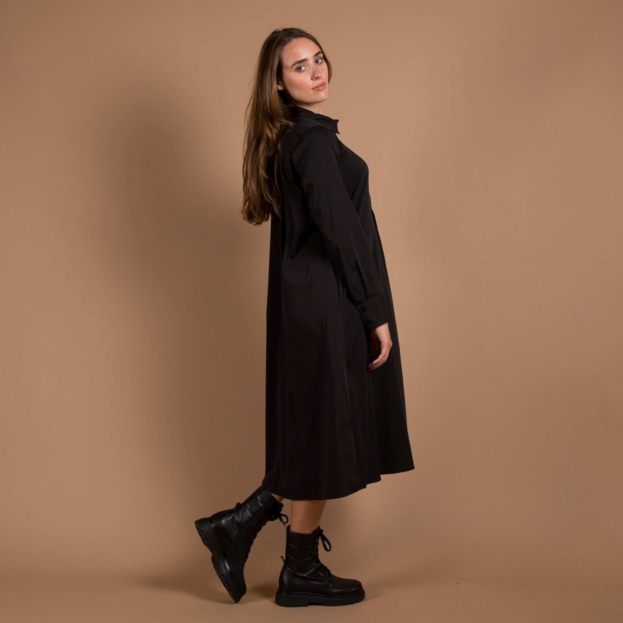Milano Italy Plain Stretch Cotton Shirt Dress Black