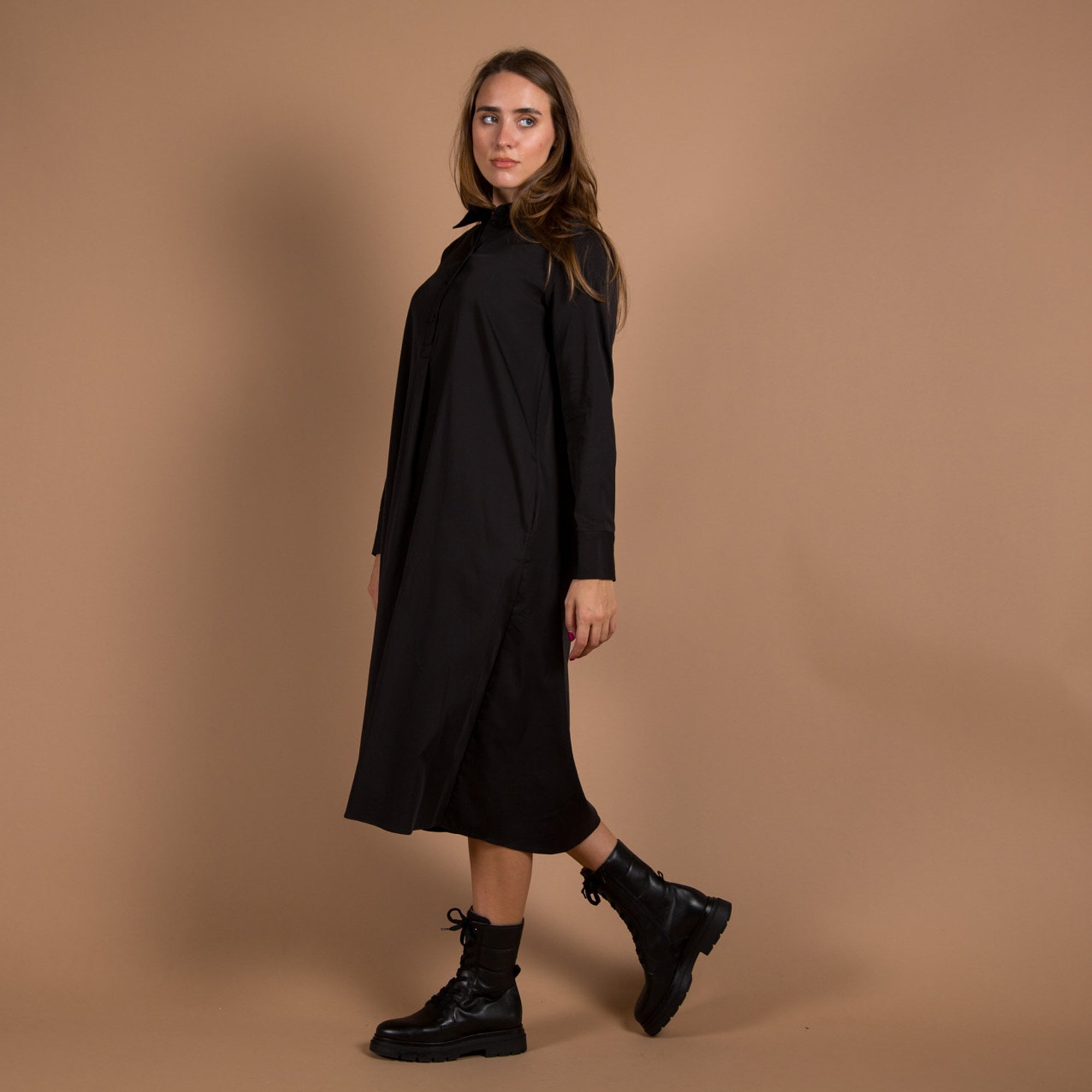 Milano Italy Plain Stretch Cotton Shirt Dress Black