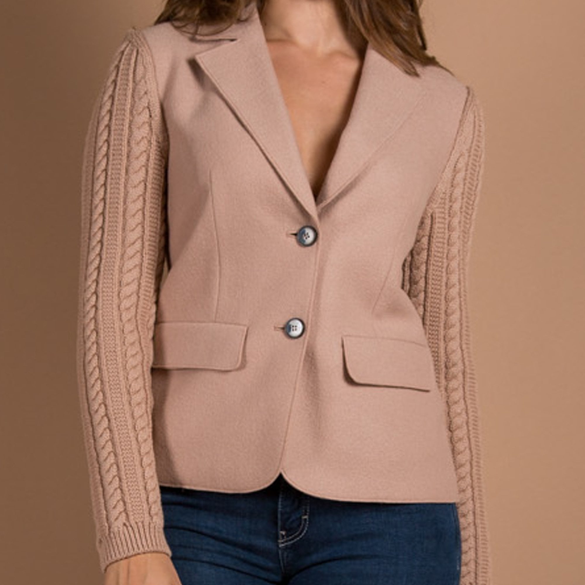 Marc Cain Cable Knit Back Boiled Wool Jacket Camel
