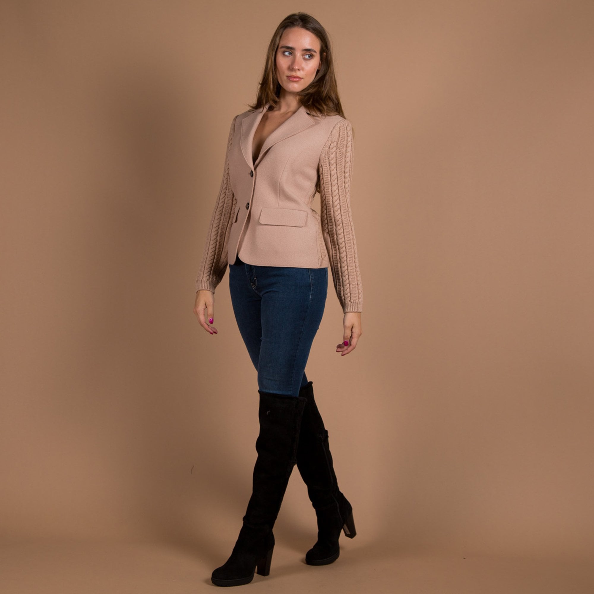 Marc Cain Cable Knit Back Boiled Wool Jacket Camel