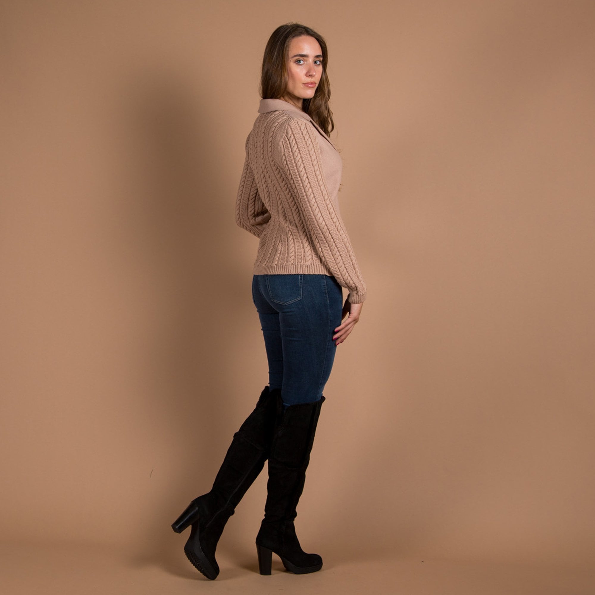 Marc Cain Cable Knit Back Boiled Wool Jacket Camel