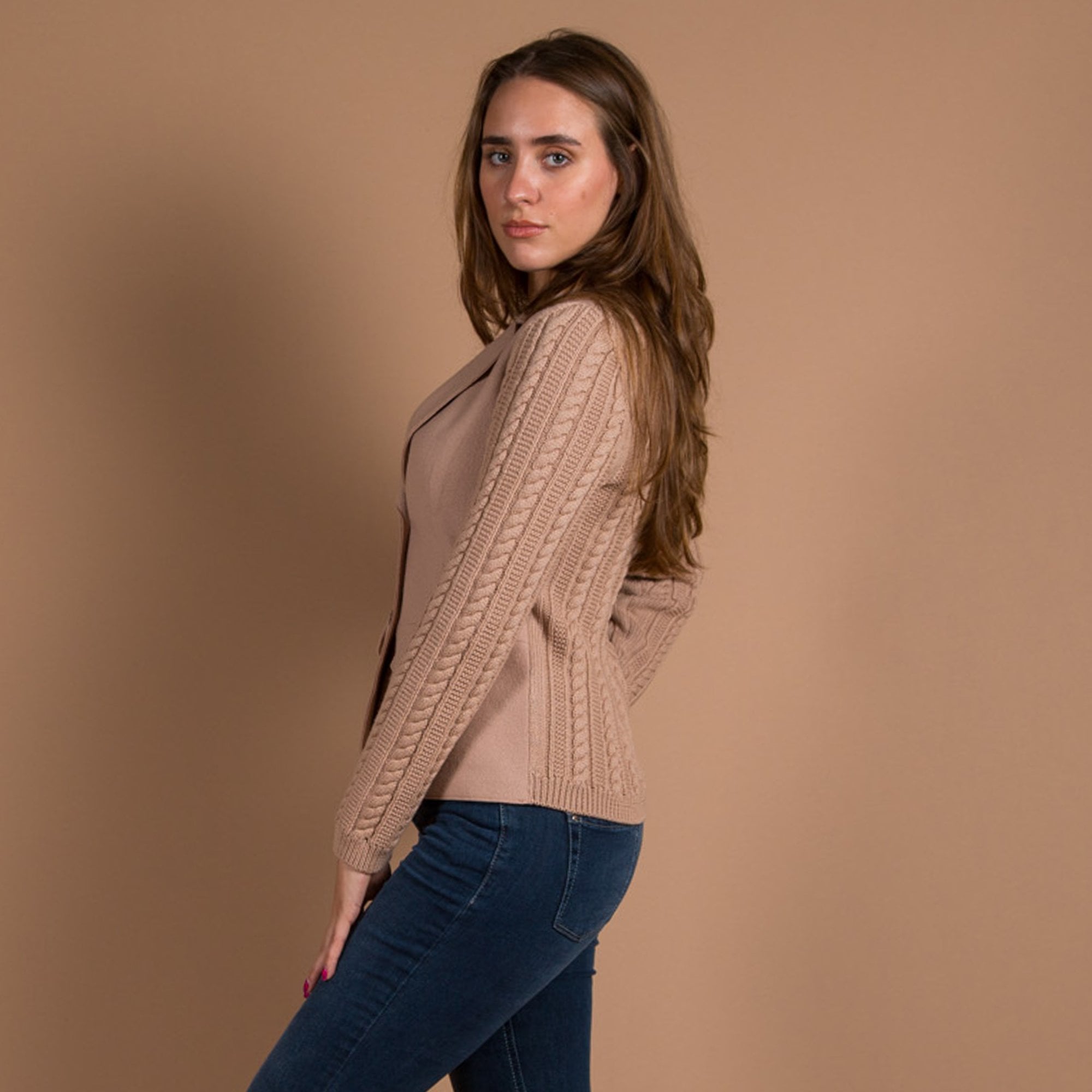 Marc Cain Cable Knit Back Boiled Wool Jacket Camel