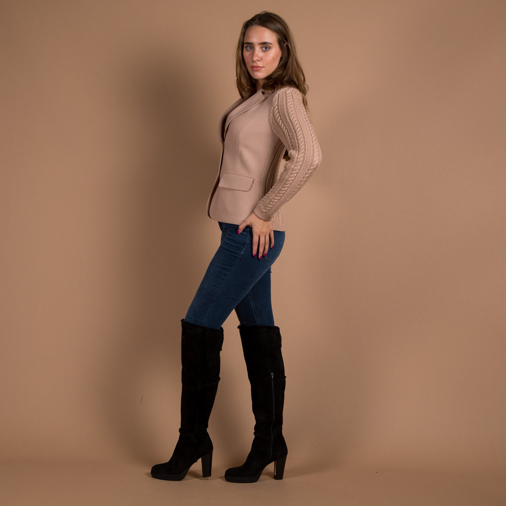 Marc Cain Cable Knit Back Boiled Wool Jacket Camel