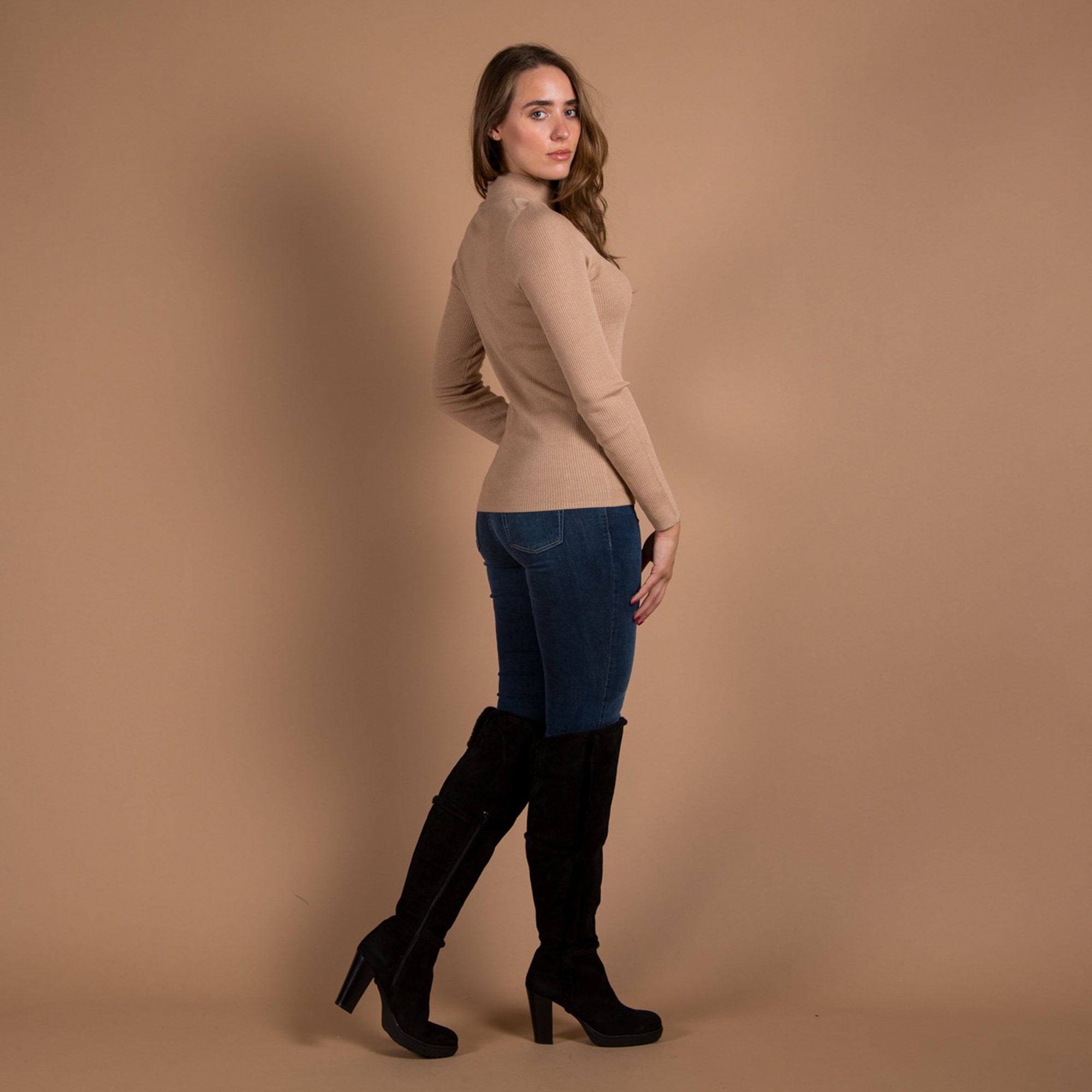 Repeat Cashmere Crew Neck Basic Fine Rib Cashmere Top Camel