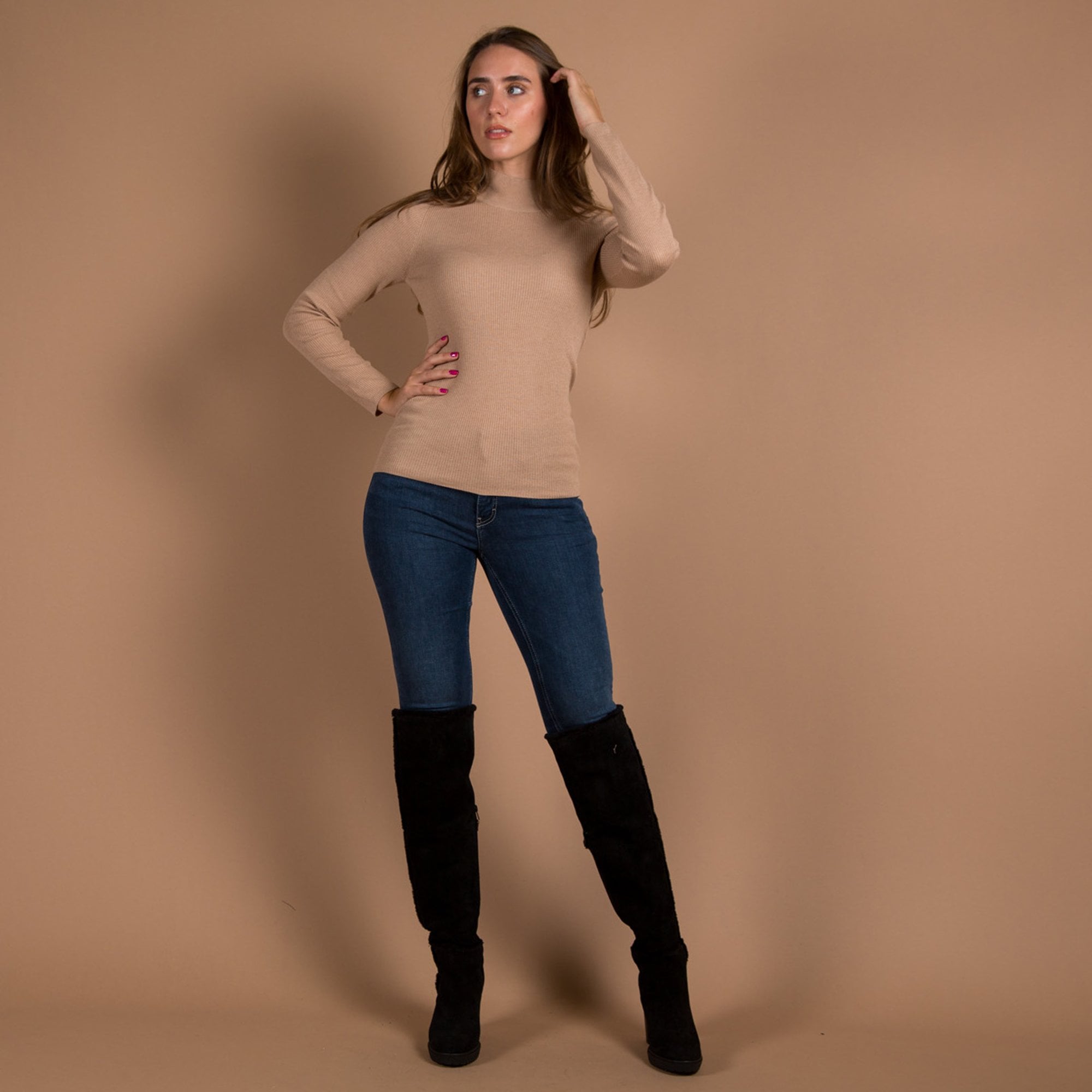Repeat Cashmere Crew Neck Basic Fine Rib Cashmere Top Camel