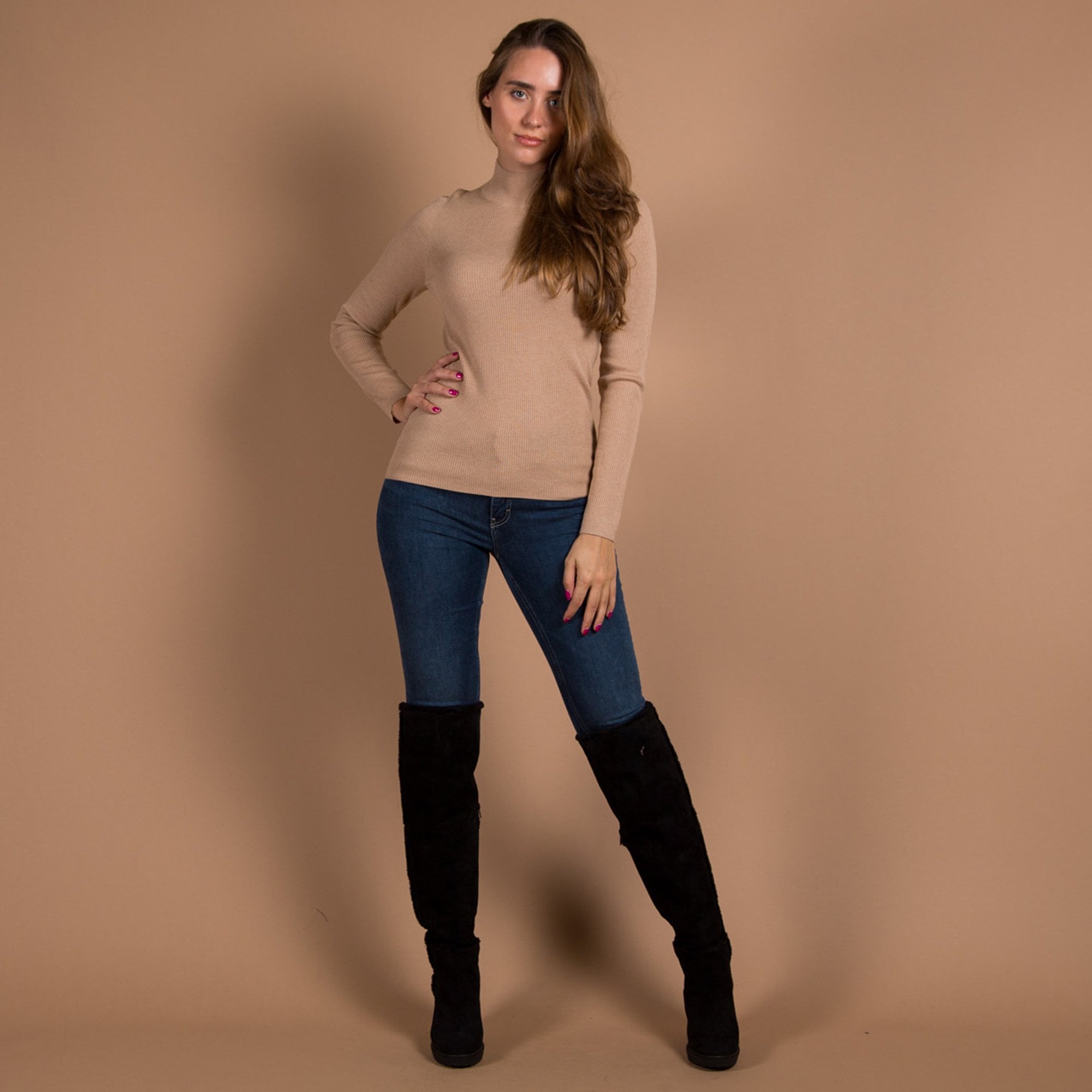 Repeat Cashmere Crew Neck Basic Fine Rib Cashmere Top Camel