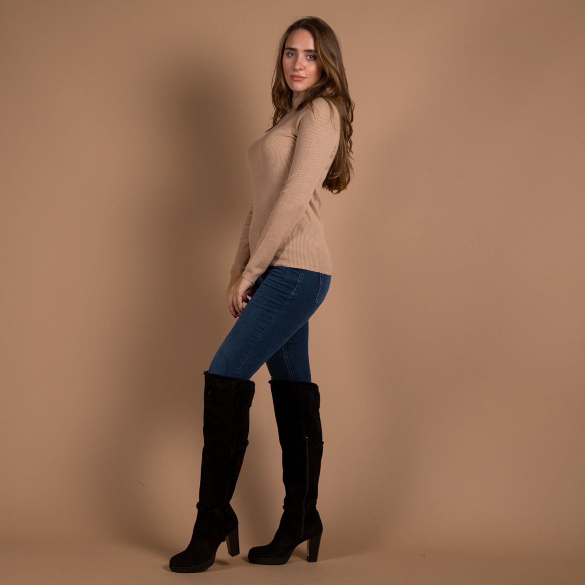 Repeat Cashmere Crew Neck Basic Fine Rib Cashmere Top Camel