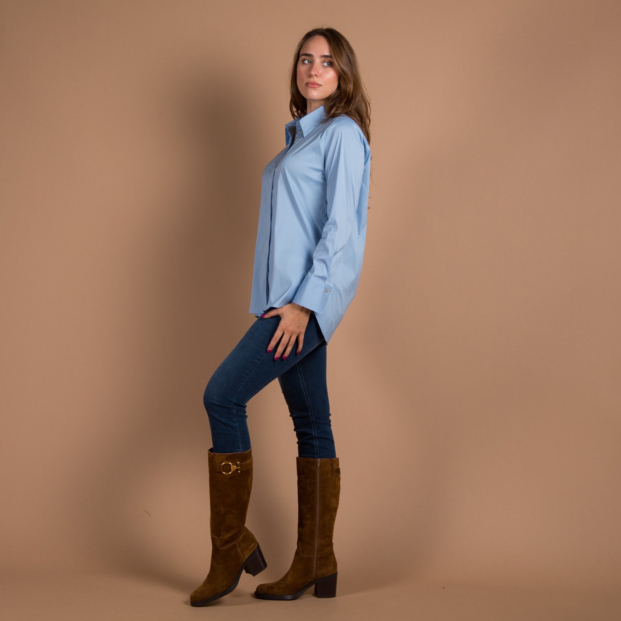 Marc Cain Diamante Trim Stretch Cotton Shirt Sky Blue